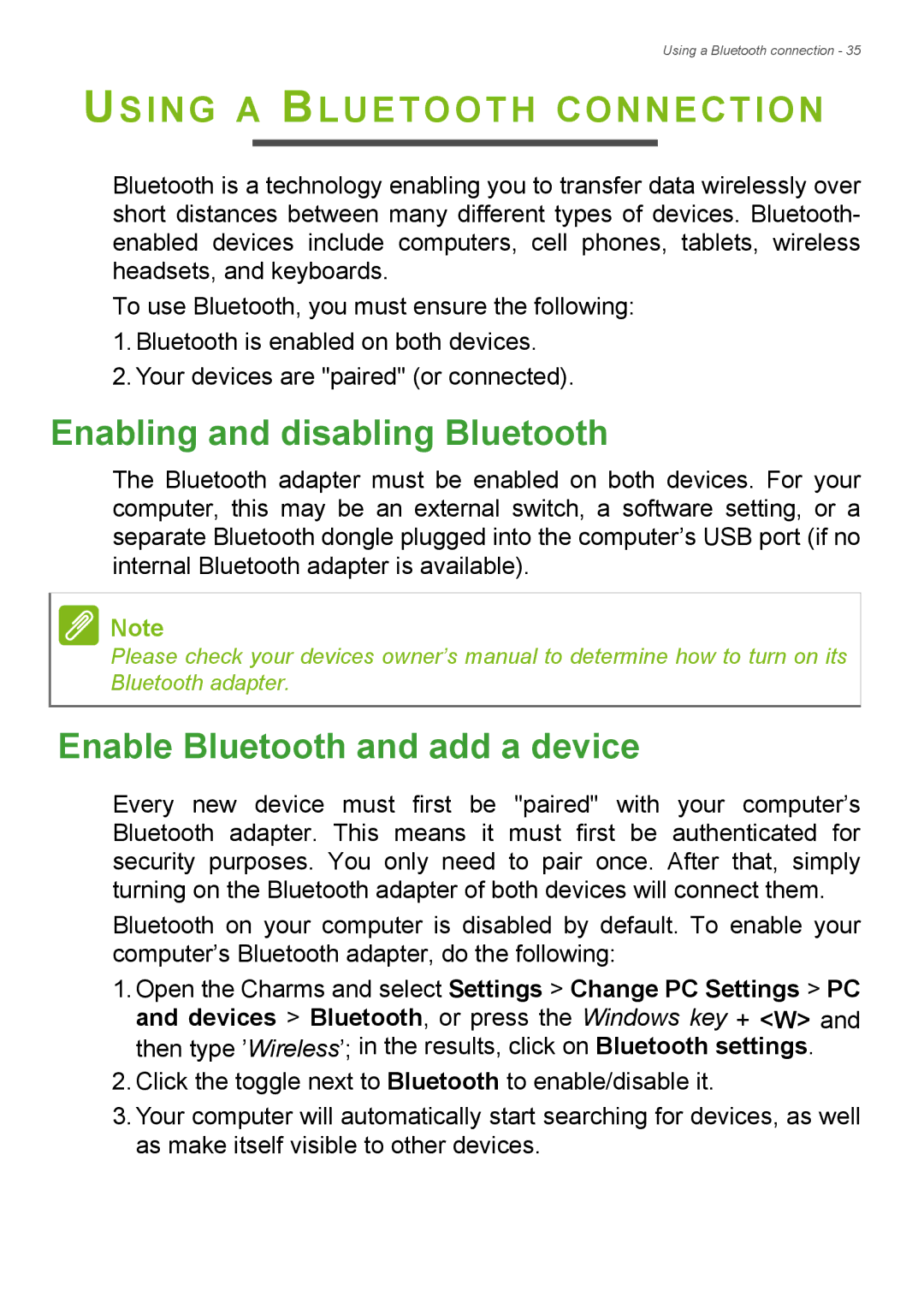 Acer Aspire ES1-711 Using a Bluetooth Connection, Enabling and disabling Bluetooth, Enable Bluetooth and add a device 