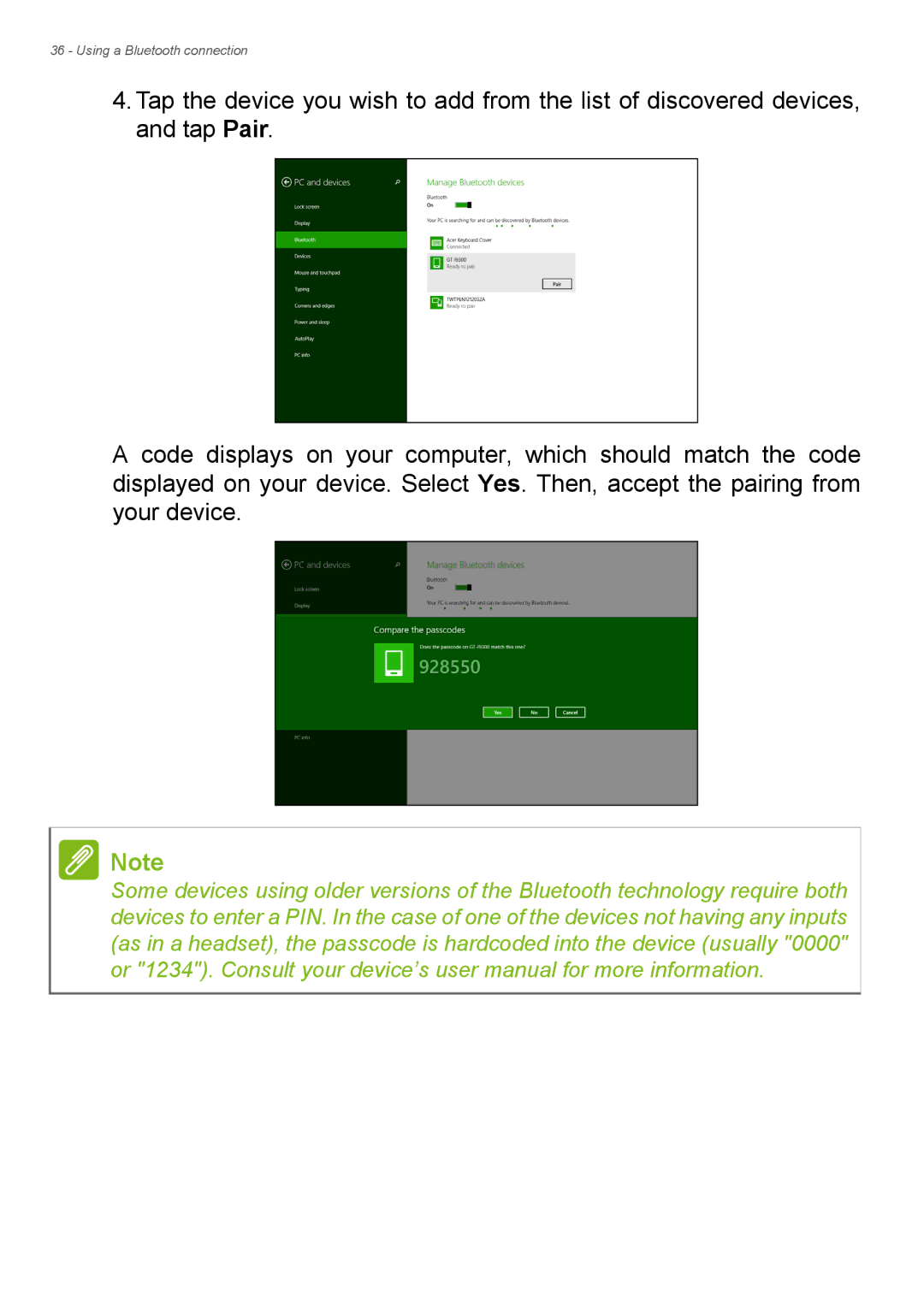 Acer Aspire ES1-711 user manual Using a Bluetooth connection 