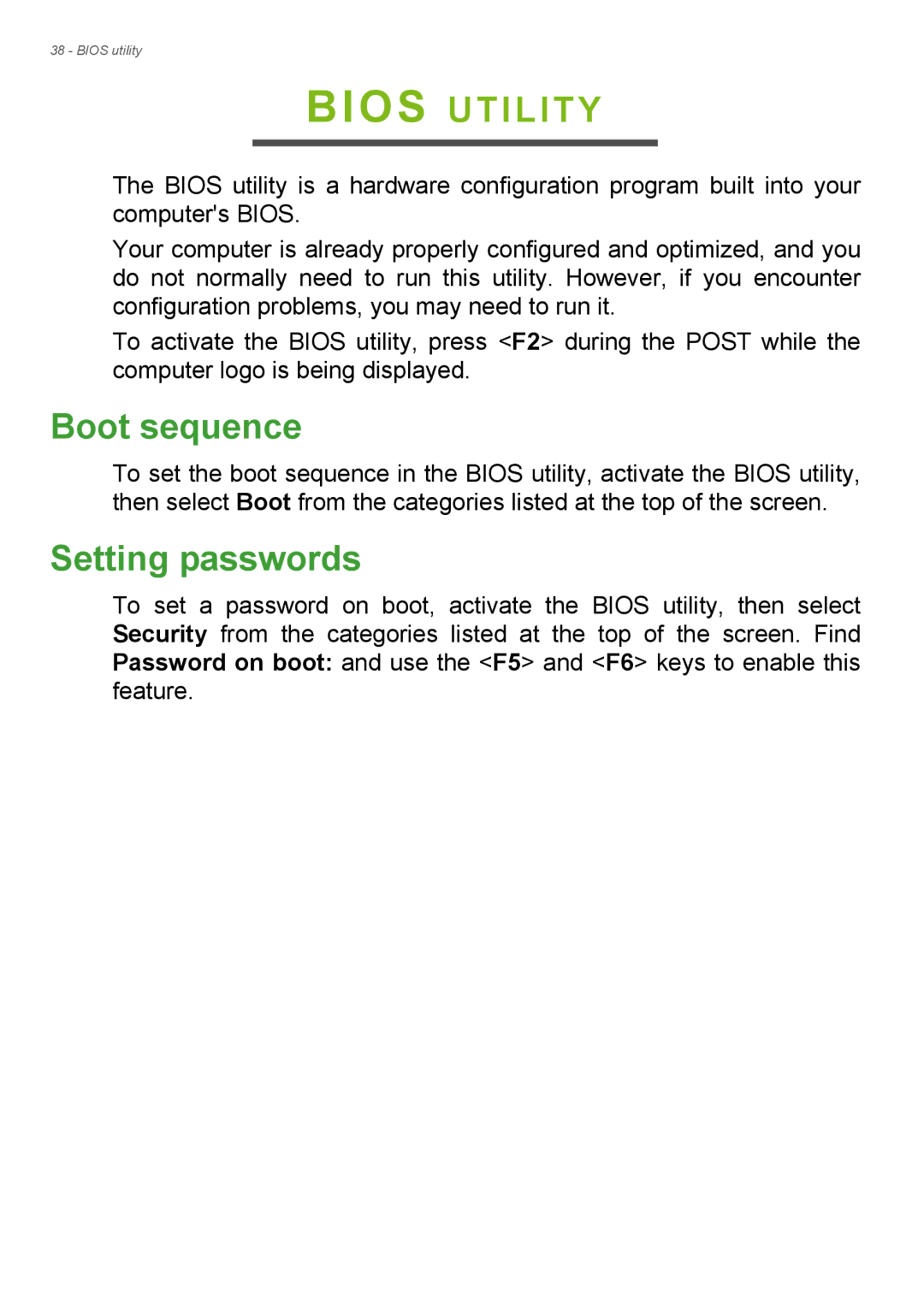 Acer Aspire ES1-711 user manual Bios Utility, Boot sequence, Setting passwords 