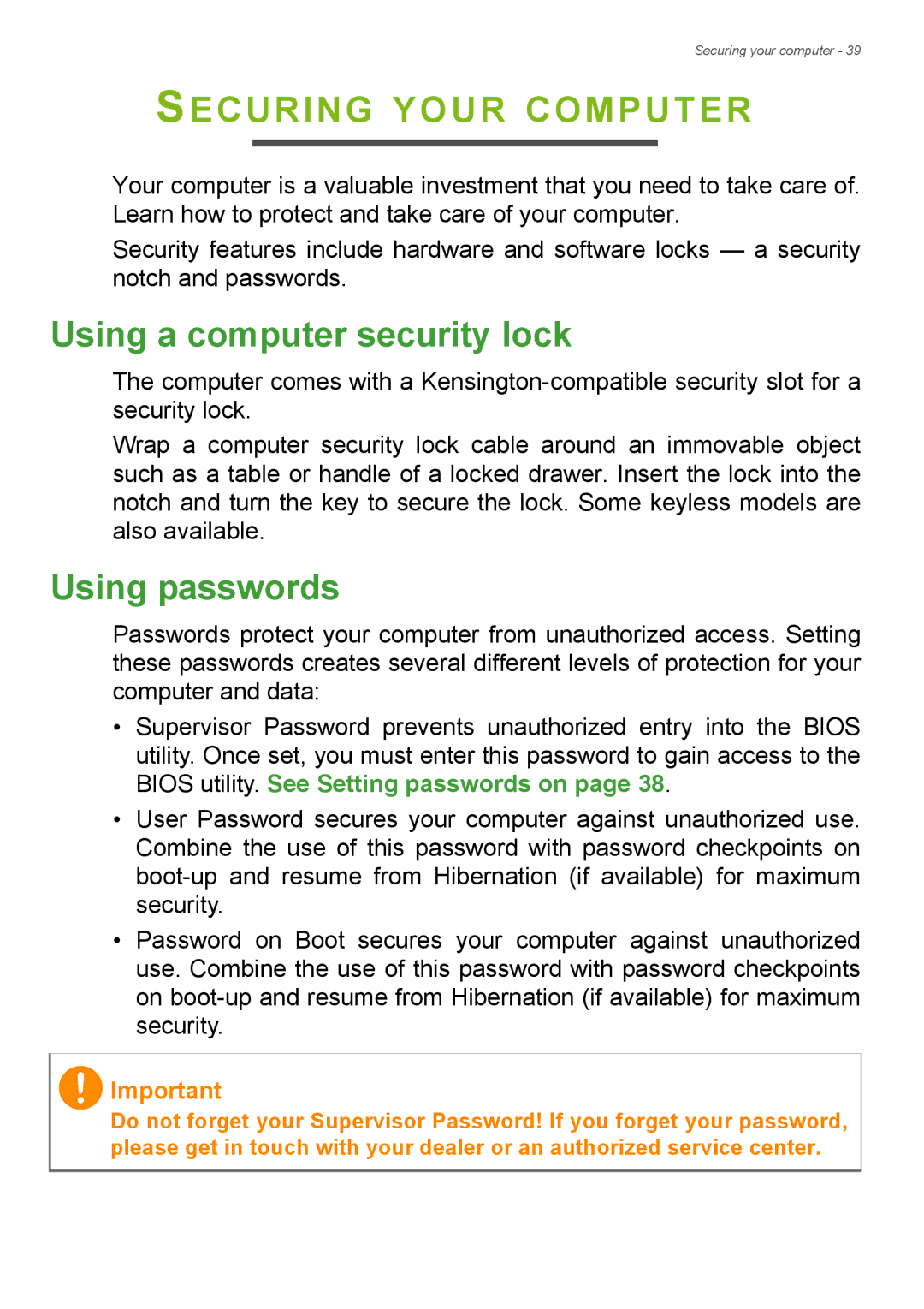 Acer Aspire ES1-711 user manual Securing Your Computer, Using a computer security lock, Using passwords 