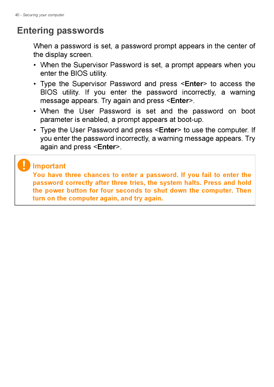 Acer Aspire ES1-711 user manual Entering passwords 