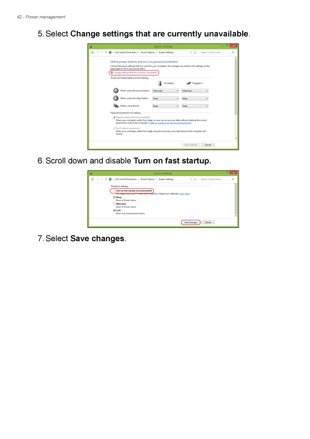 Acer Aspire ES1-711 user manual Select Change settings that are currently unavailable, Select Save changes 