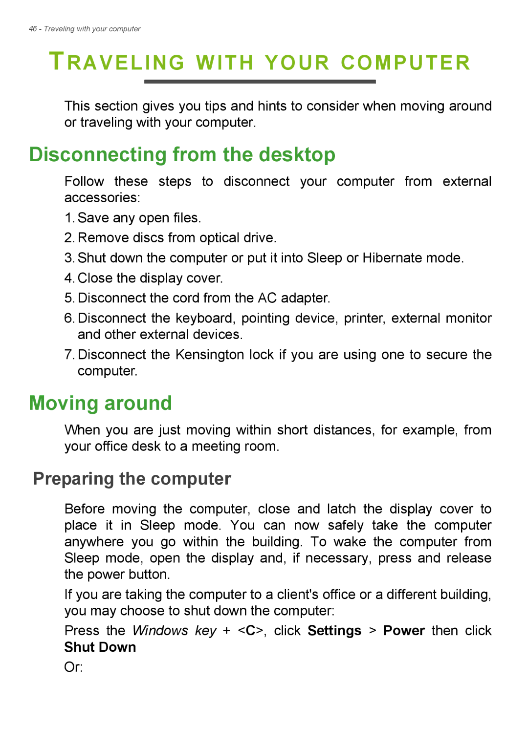 Acer Aspire ES1-711 Traveling with Your Computer, Disconnecting from the desktop, Moving around, Preparing the computer 