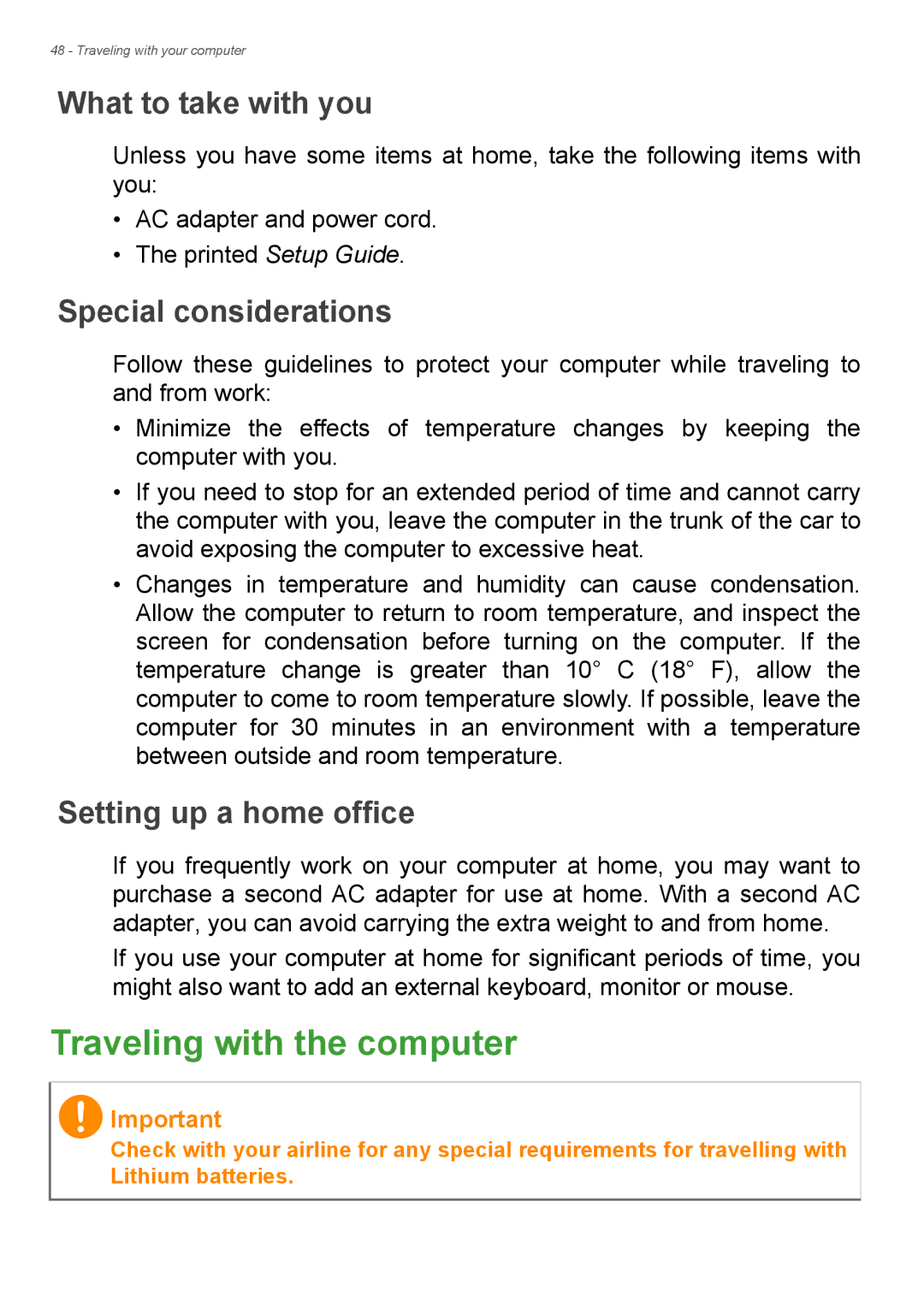 Acer Aspire ES1-711 Traveling with the computer, What to take with you, Special considerations, Setting up a home office 