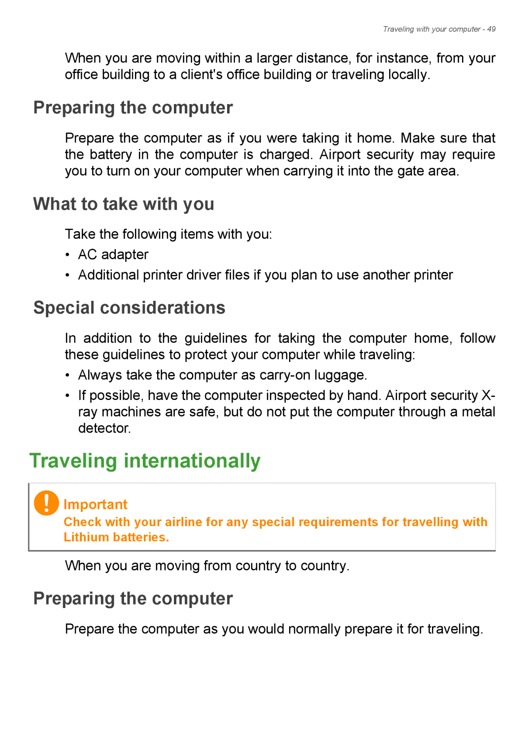 Acer Aspire ES1-711 user manual Traveling internationally 