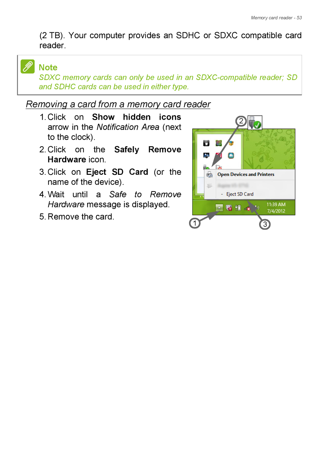 Acer Aspire ES1-711 user manual Removing a card from a memory card reader, Click on the Safely Remove Hardware icon 