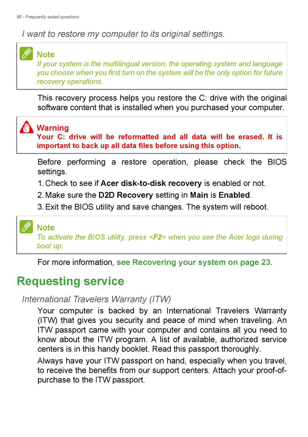 Acer Aspire ES1-711 user manual Requesting service, Want to restore my computer to its original settings 