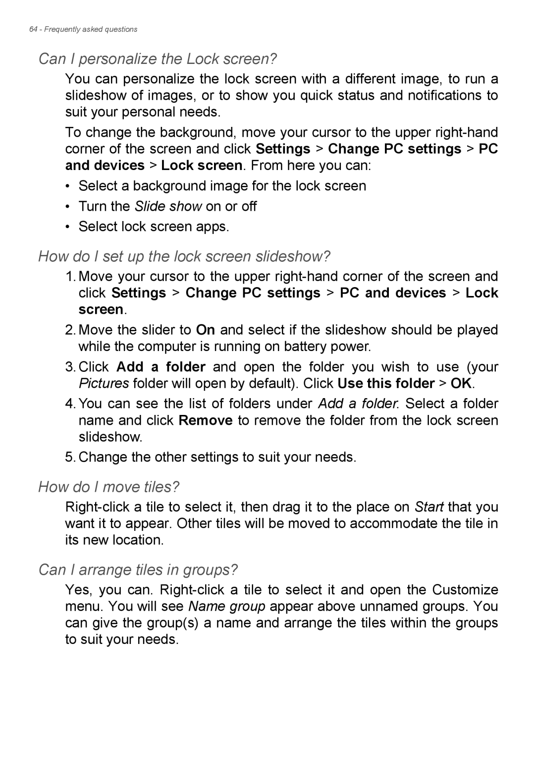 Acer Aspire ES1-711 Can I personalize the Lock screen?, How do I set up the lock screen slideshow?, How do I move tiles? 