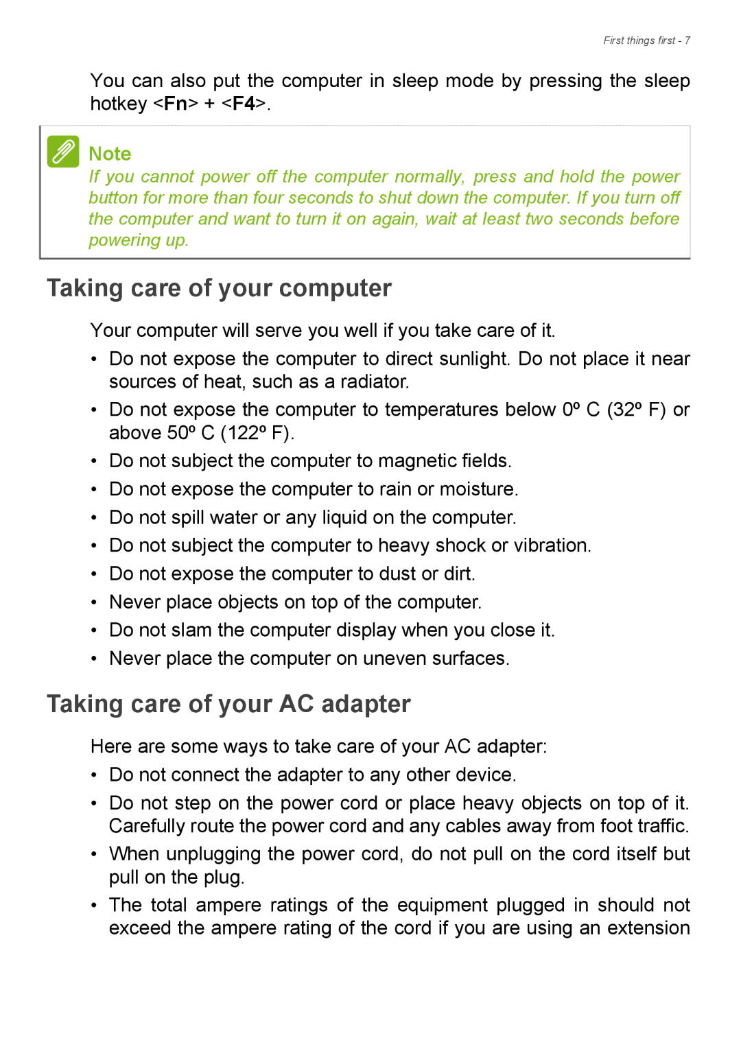 Acer Aspire ES1-711 user manual Taking care of your computer, Taking care of your AC adapter 