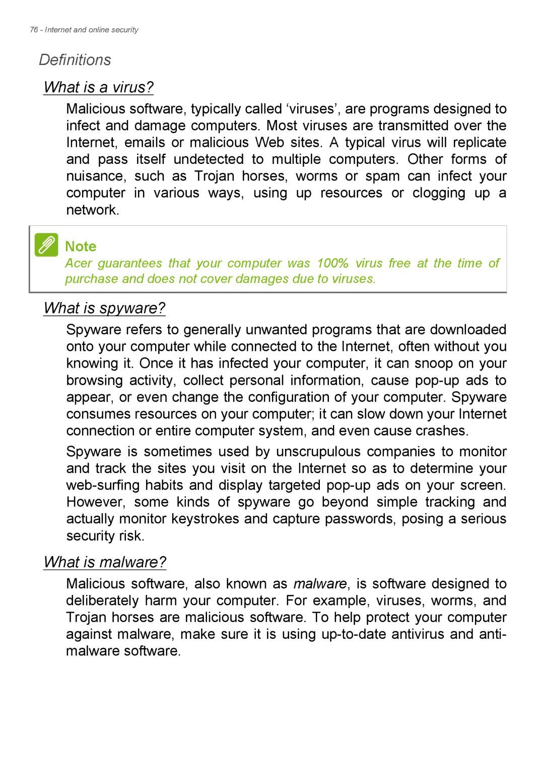 Acer Aspire ES1-711 user manual Definitions, What is a virus?, What is spyware?, What is malware? 