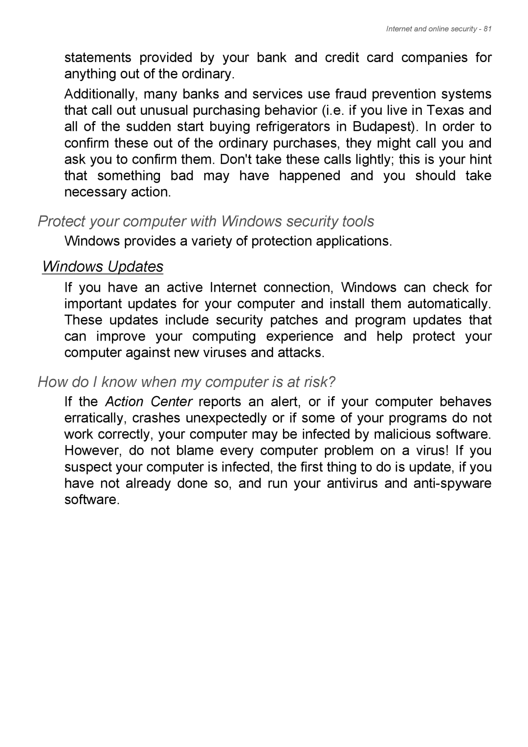 Acer Aspire ES1-711 user manual Protect your computer with Windows security tools, Windows Updates 