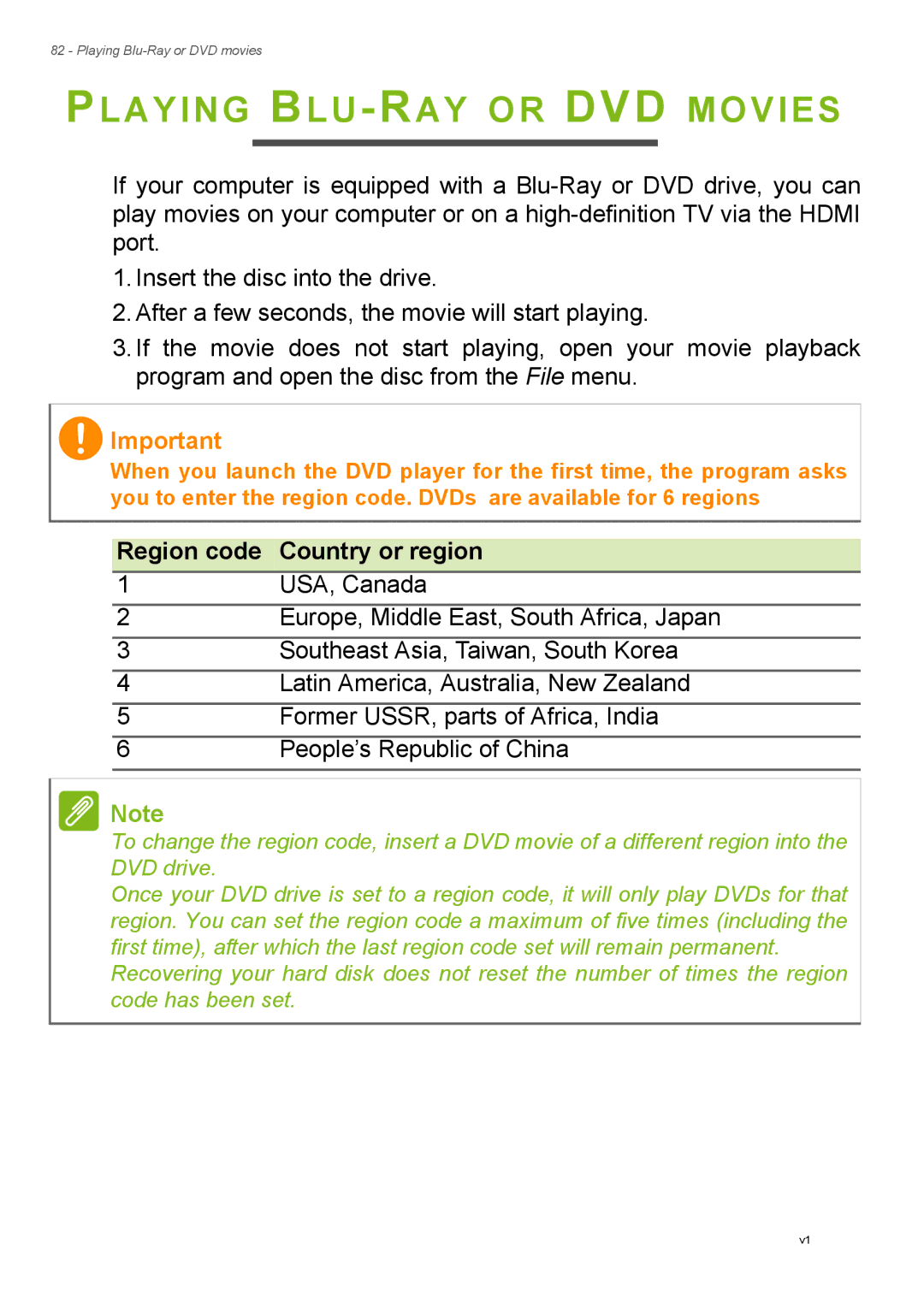 Acer Aspire ES1-711 user manual Playing BLU-RAY or DVD Movies, Region code Country or region 