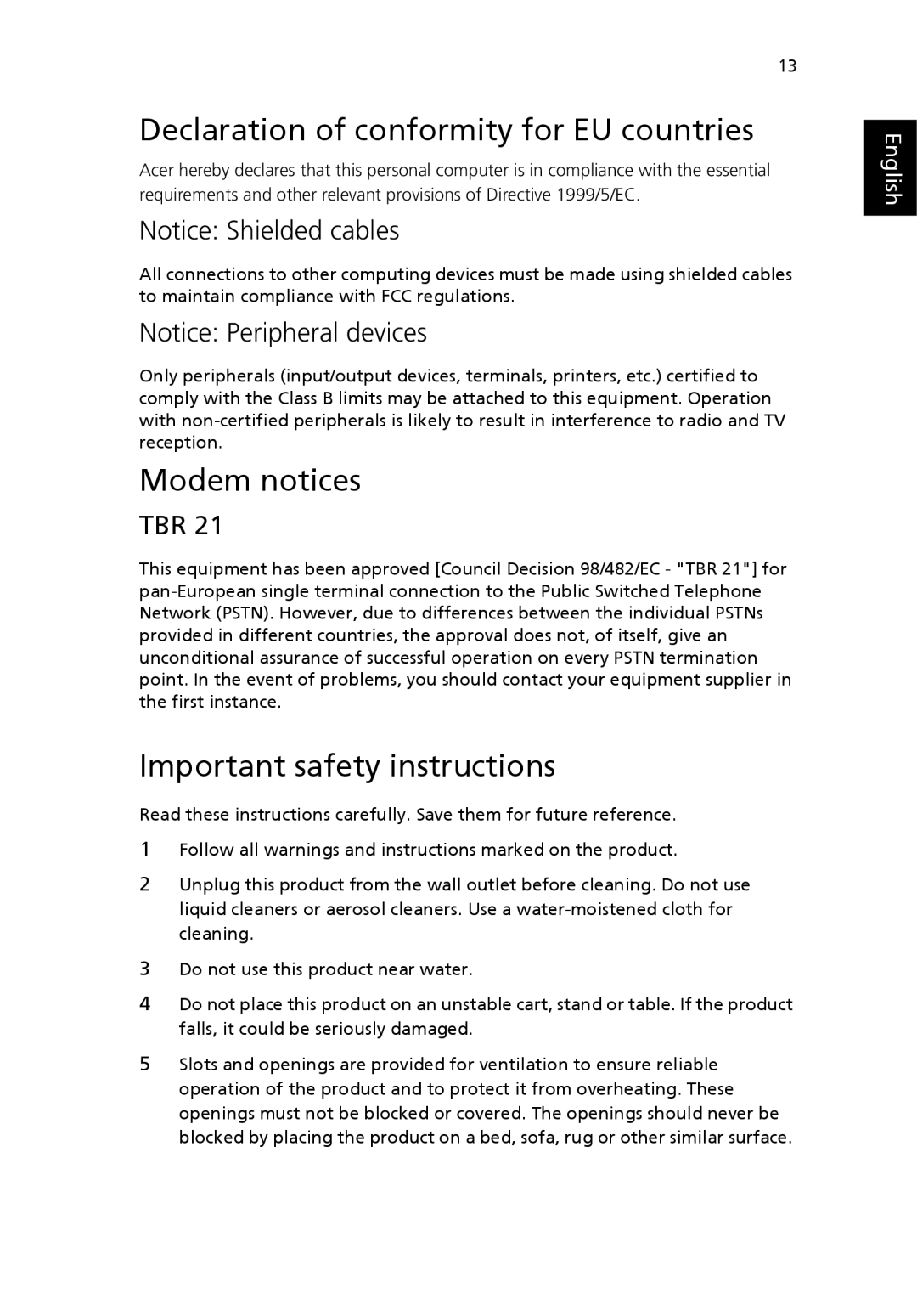 Acer Aspire L200 manual Declaration of conformity for EU countries, Modem notices, Important safety instructions, Tbr 