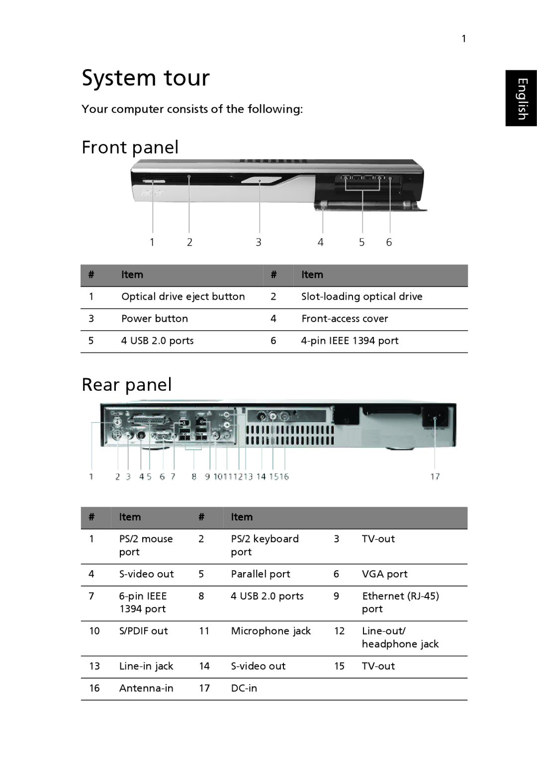 Acer Aspire L200 manual System tour, Front panel, Rear panel 