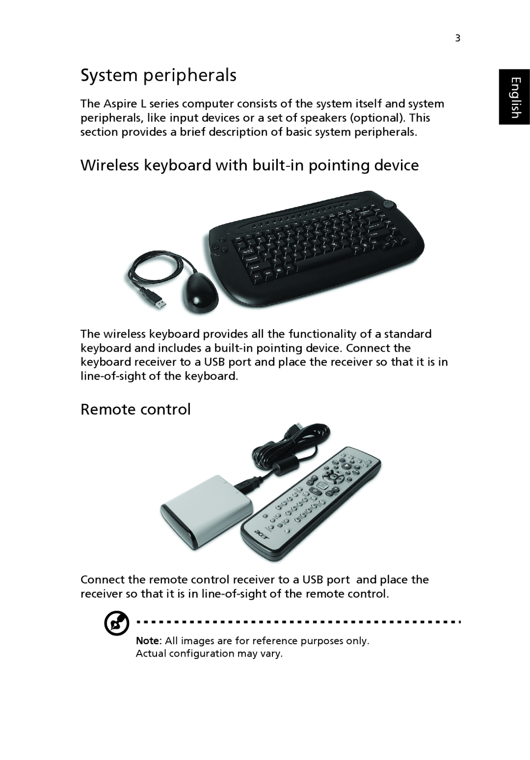 Acer Aspire L200 manual System peripherals, Wireless keyboard with built-in pointing device, Remote control 