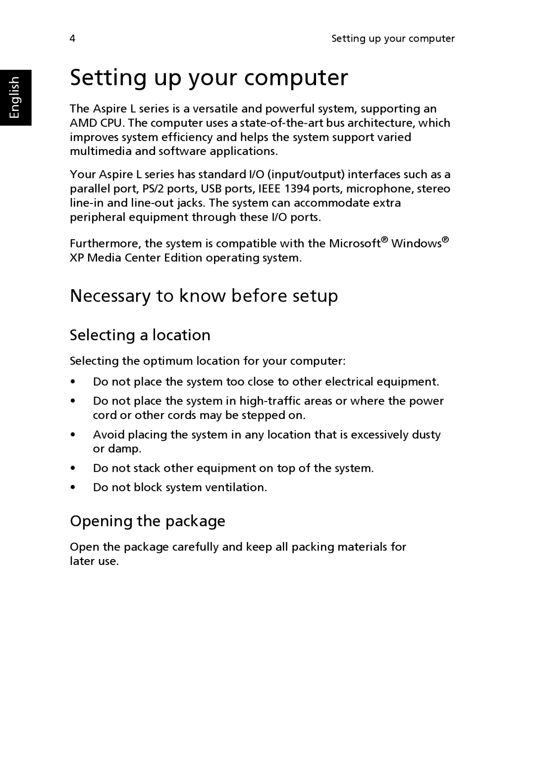 Acer Aspire L200 manual Setting up your computer, Necessary to know before setup, Selecting a location, Opening the package 