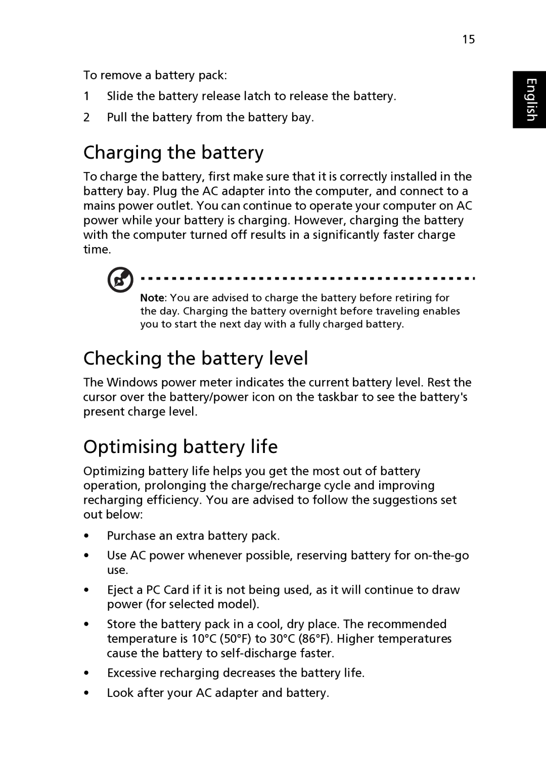 Acer LU.SGA0D.068, Aspire One AO722-0473, one Charging the battery, Checking the battery level, Optimising battery life 