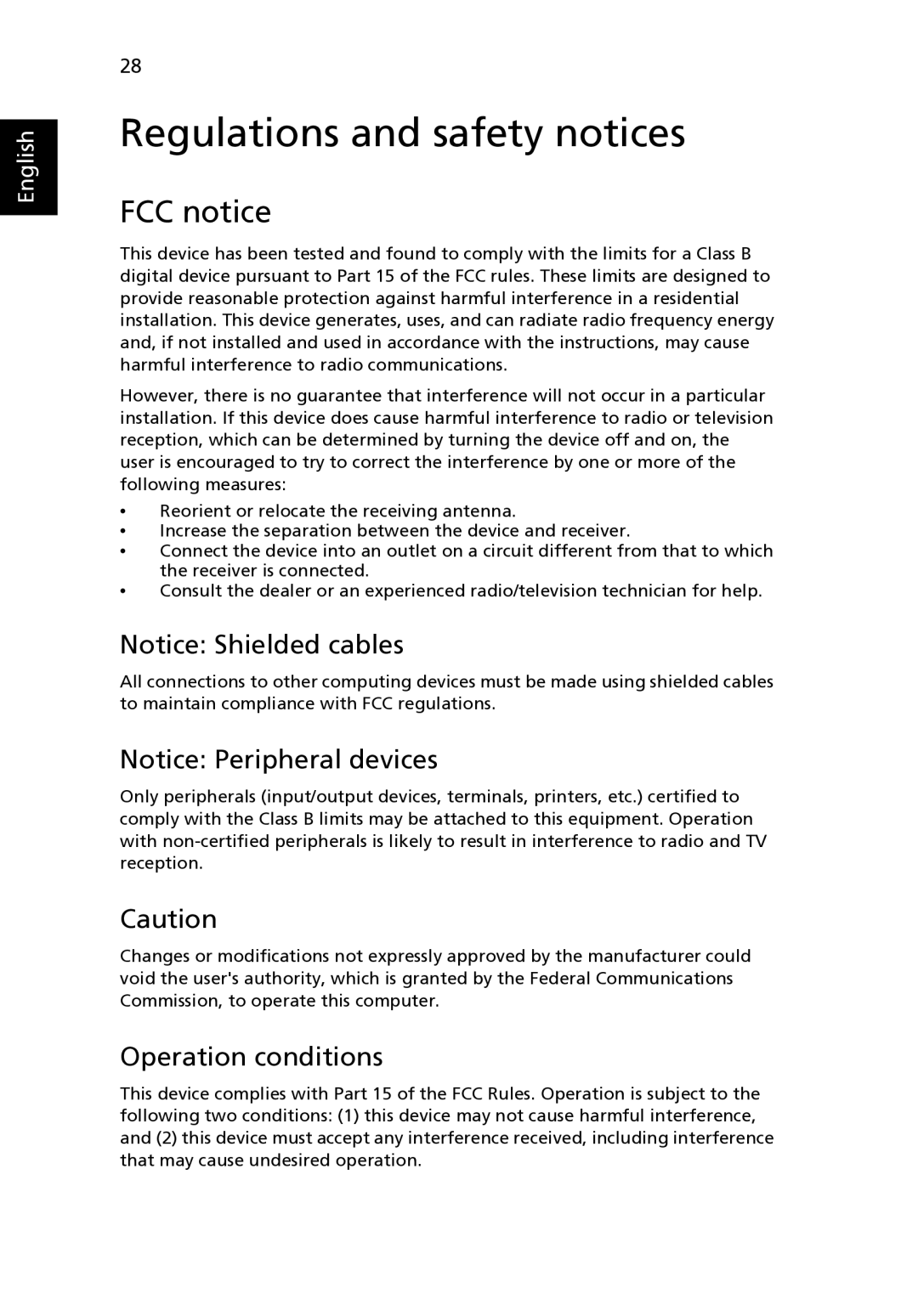 Acer LU.SGA0D.066, Aspire One AO722-0473, LU.SGA0D.068, one Regulations and safety notices, FCC notice, Operation conditions 