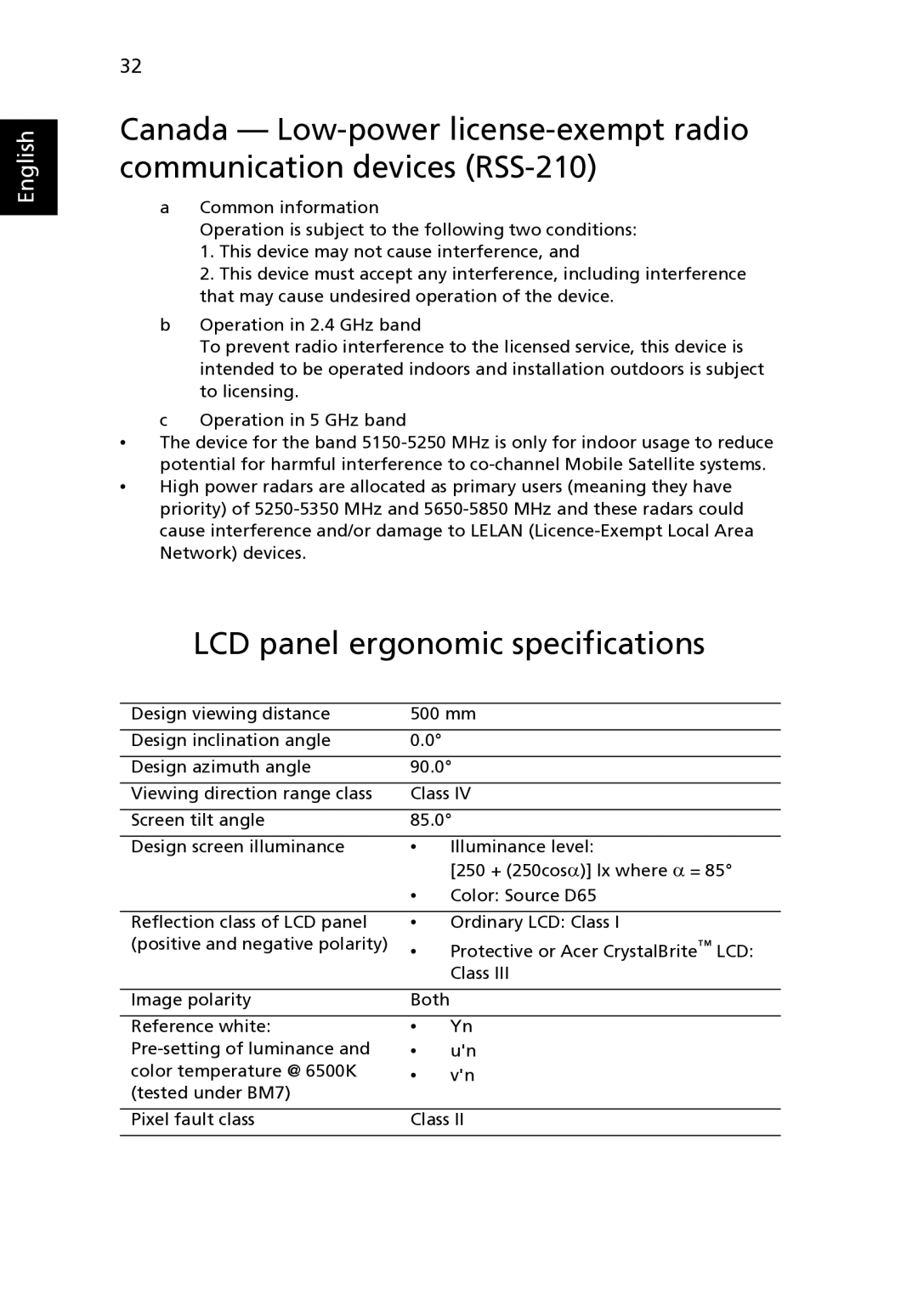 Acer LU.SGA0D.066, Aspire One AO722-0473, LU.SGA0D.068, one manual LCD panel ergonomic specifications 