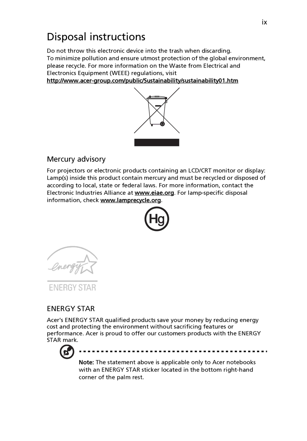 Acer LU.SGA0D.068, Aspire One AO722-0473, LU.SGA0D.066, one manual Disposal instructions, Mercury advisory 