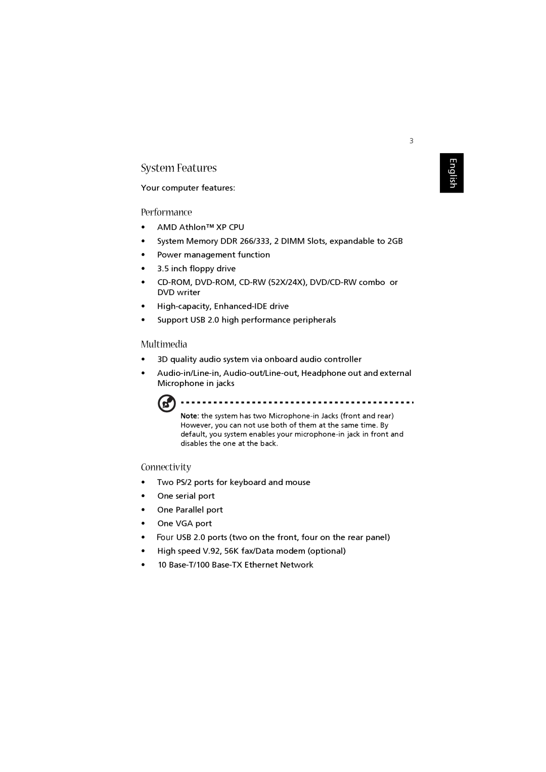 Acer Aspire T120 user manual System Features, Performance, Multimedia, Connectivity 