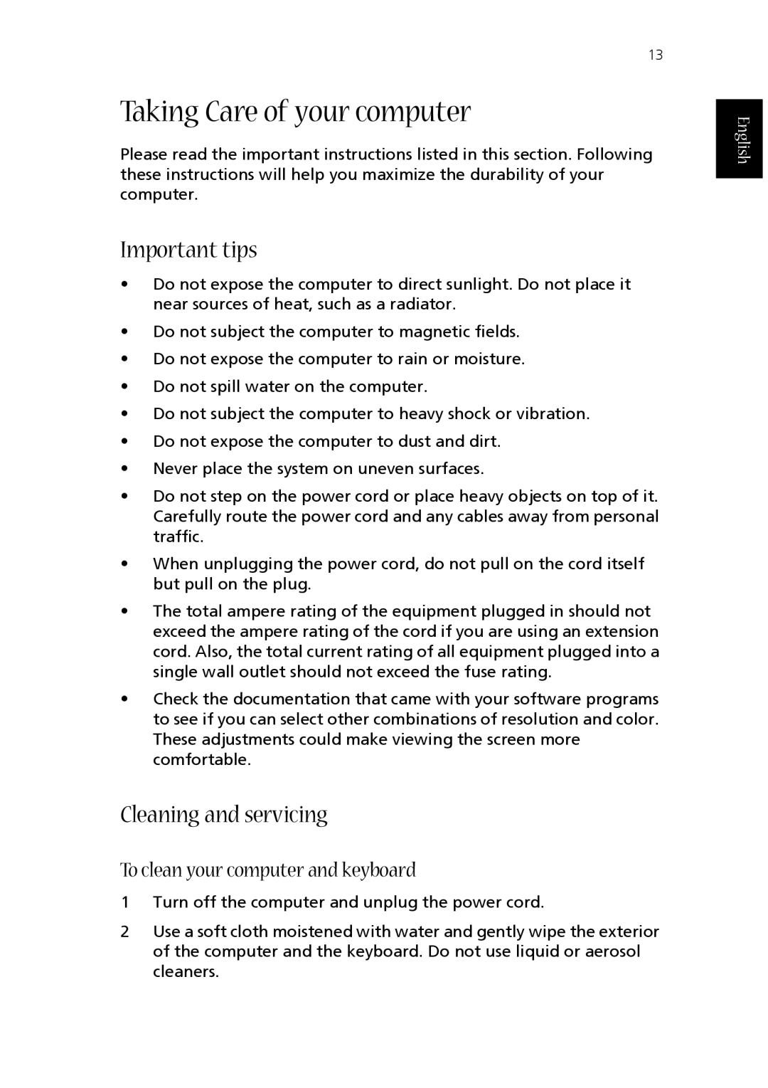 Acer Aspire T130 manual Important tips, Cleaning and servicing, To clean your computer and keyboard 