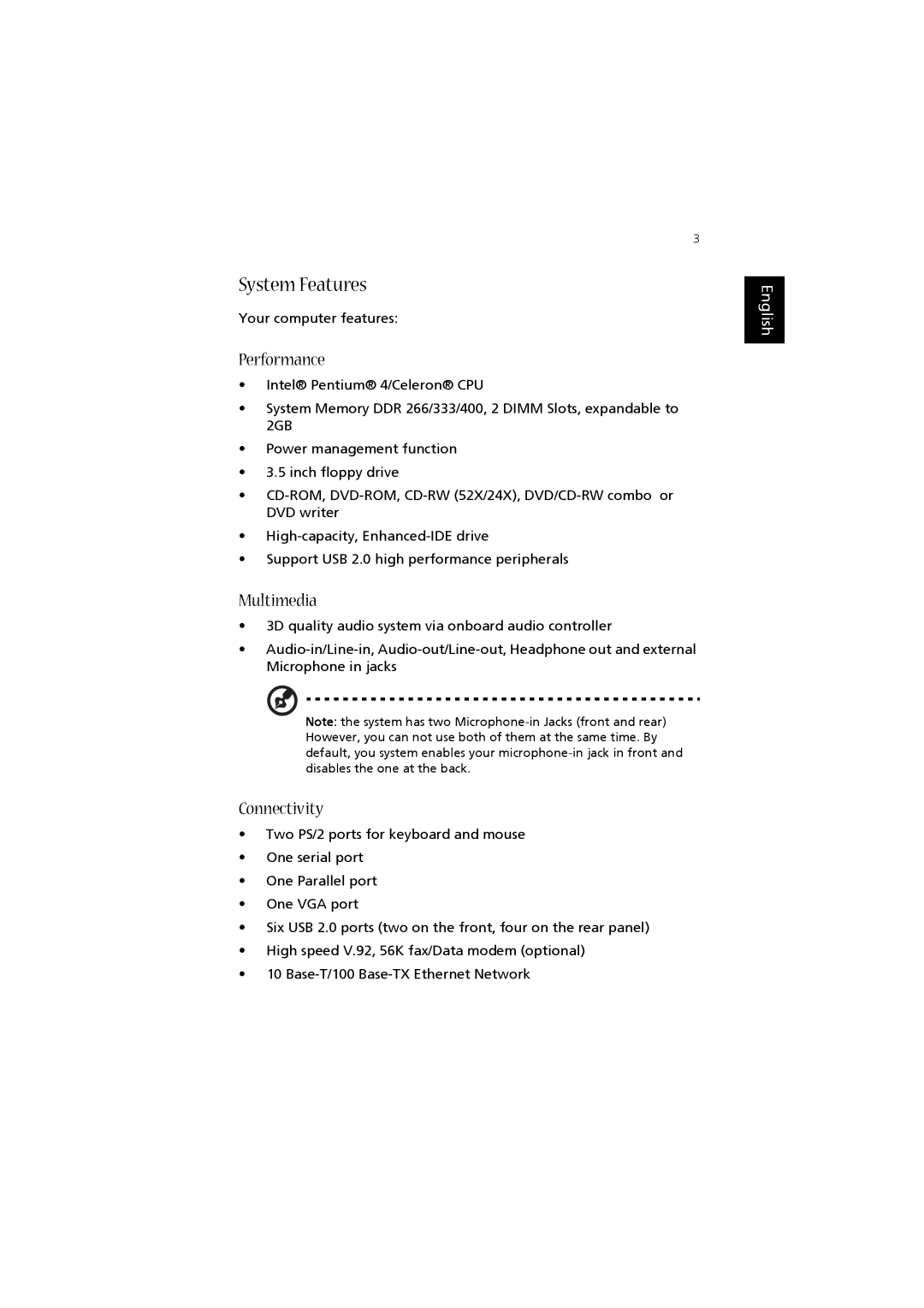 Acer Aspire T320 manual System Features, Performance, Multimedia, Connectivity 