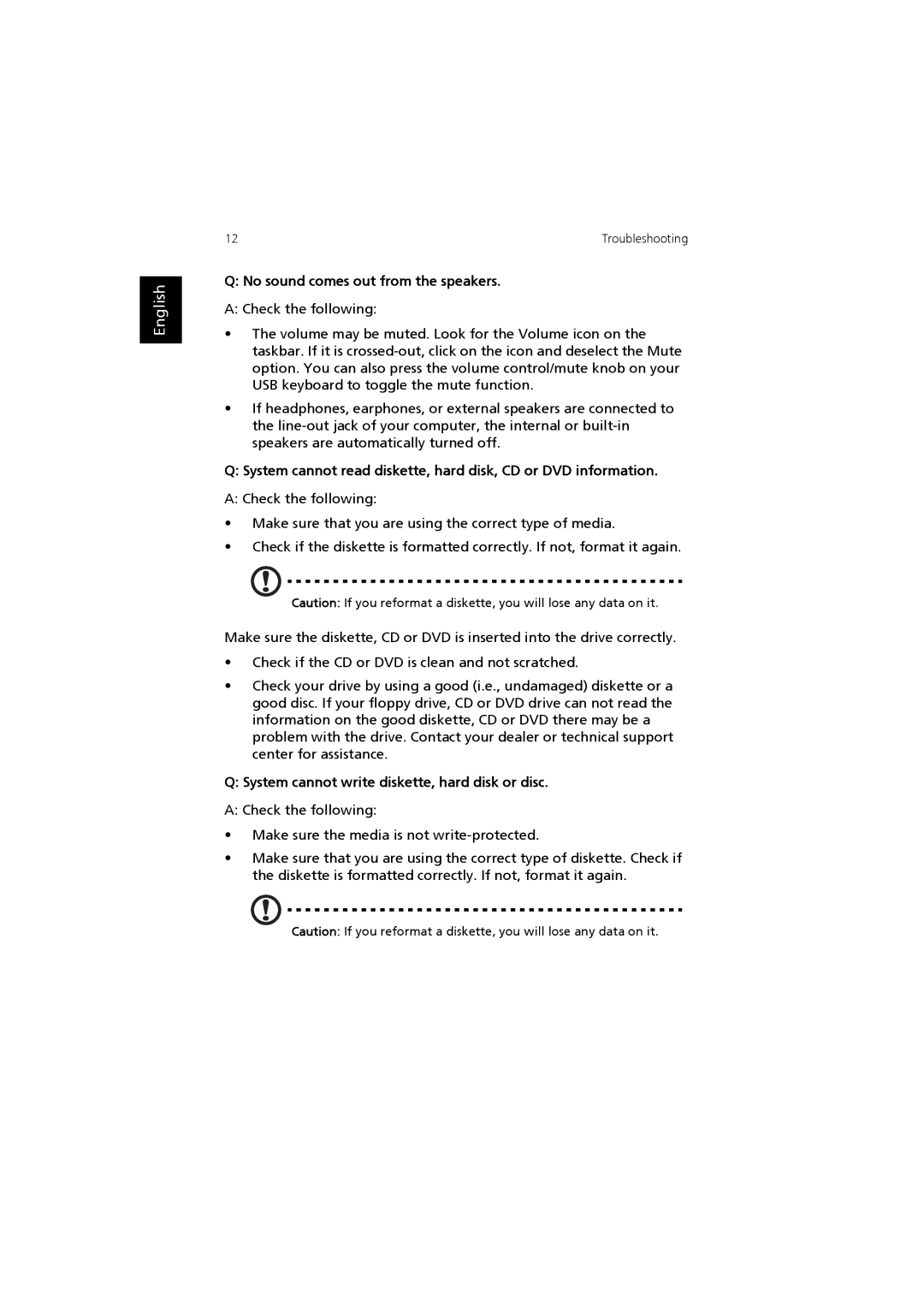 Acer Aspire T320 manual No sound comes out from the speakers, System cannot write diskette, hard disk or disc 