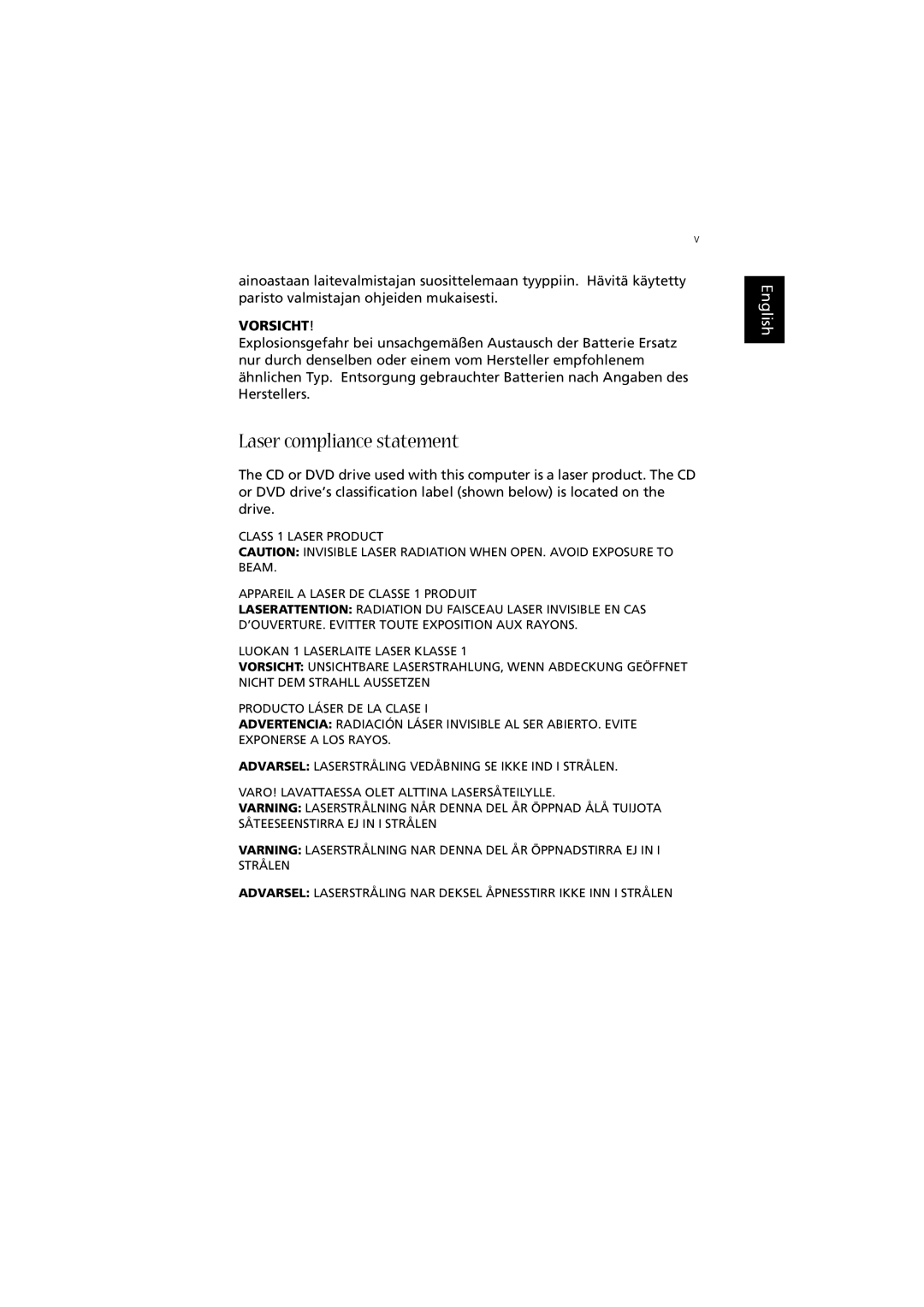 Acer Aspire T320 manual Laser compliance statement, Vorsicht 