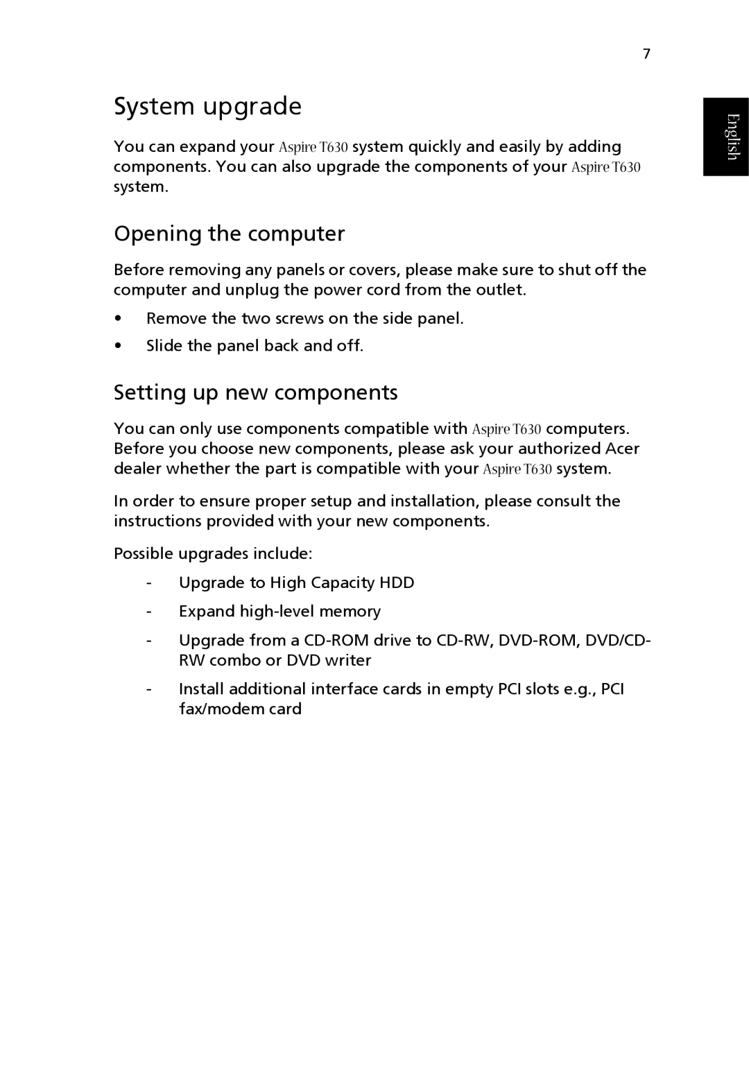 Acer Aspire T630 manual System upgrade, Opening the computer, Setting up new components 