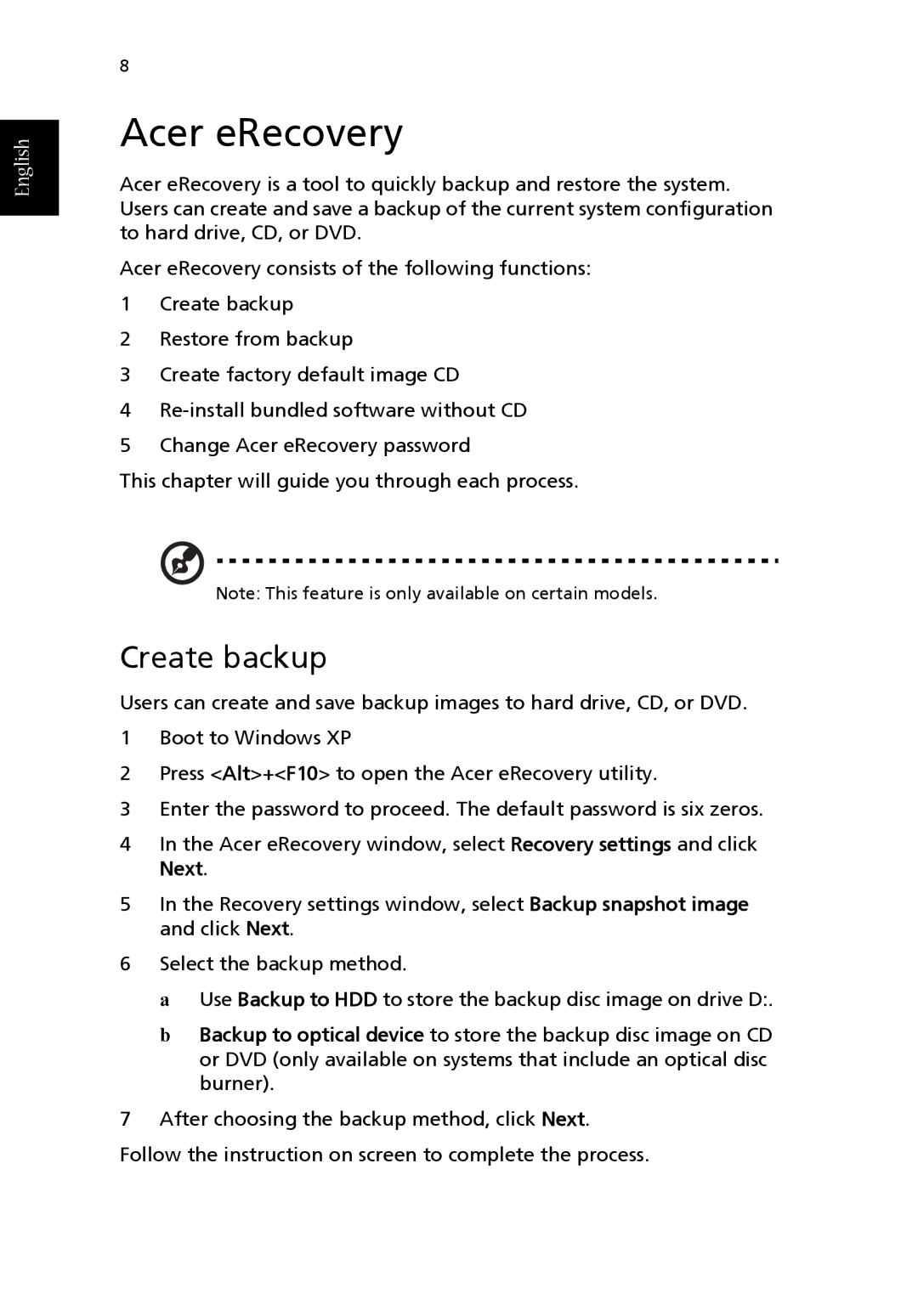 Acer Aspire T630 manual Acer eRecovery, Create backup 