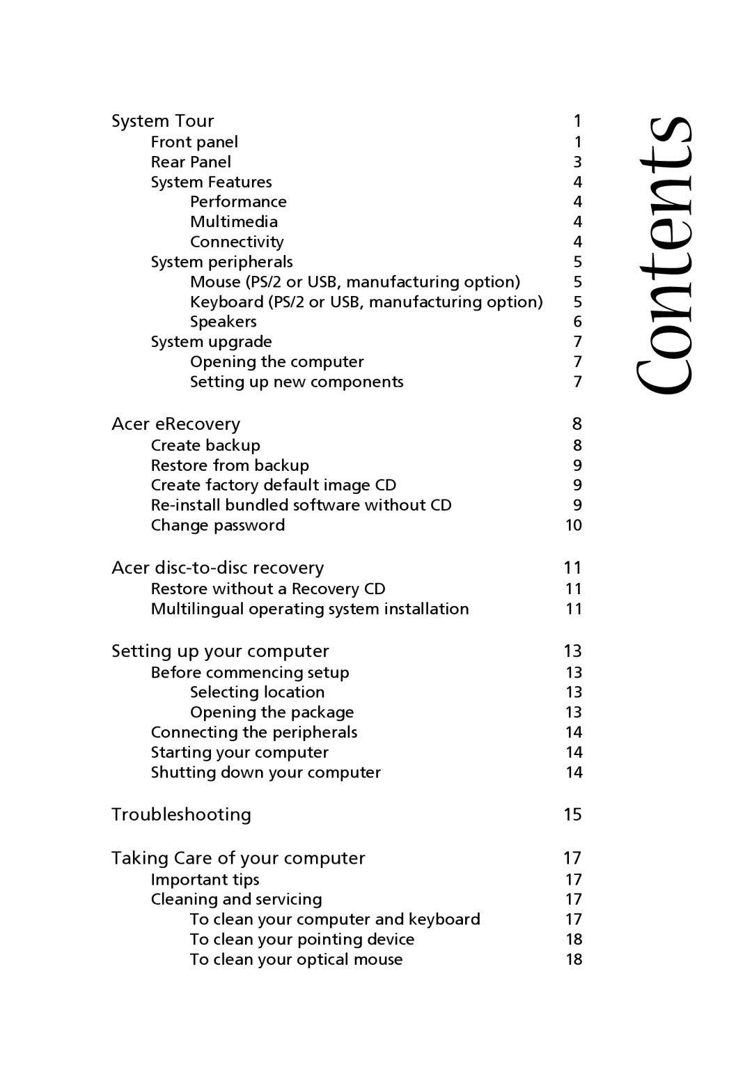 Acer Aspire T630 manual Contents 