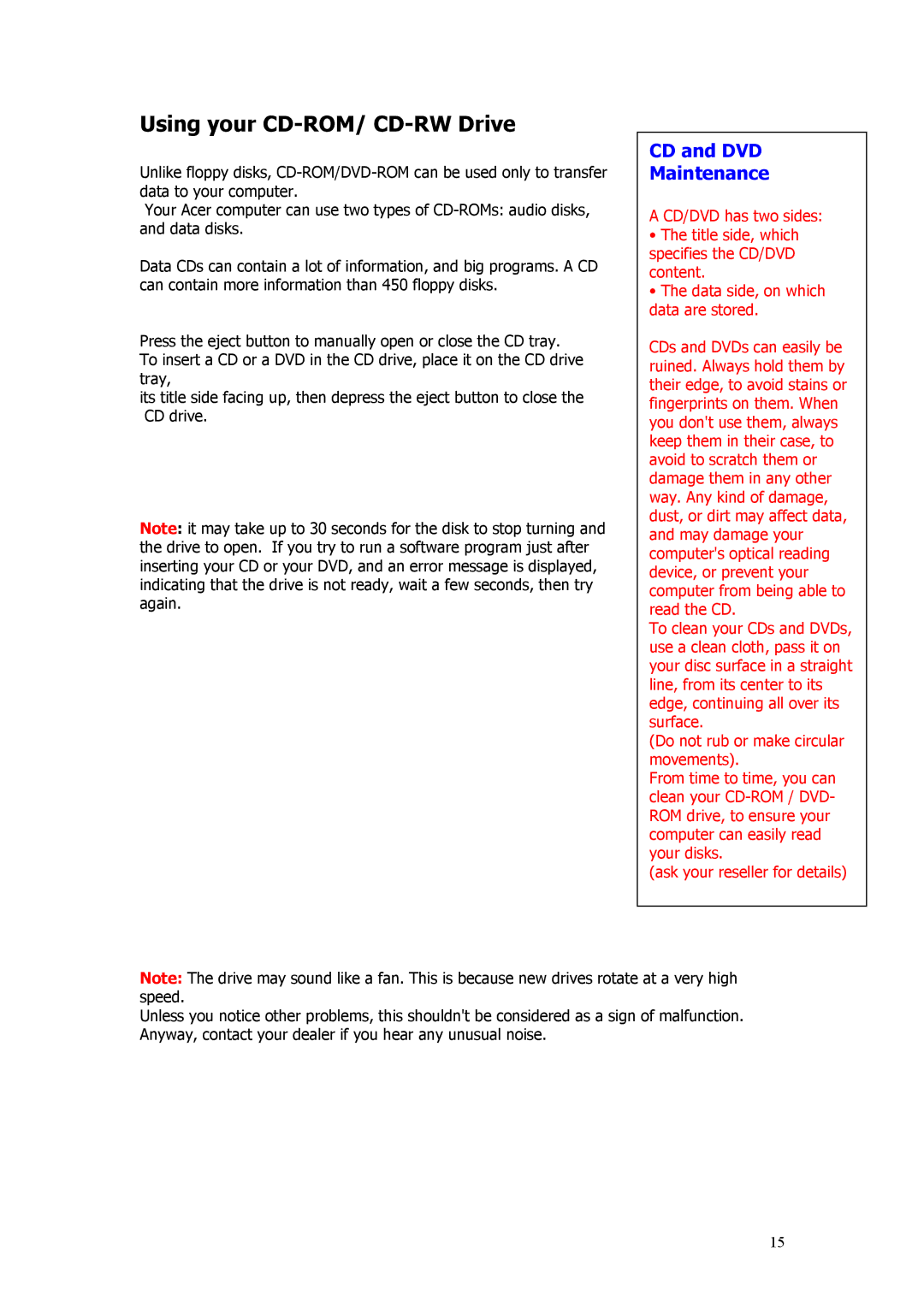 Acer Aspire manual Using your CD-ROM/ CD-RW Drive, CD and DVD Maintenance 