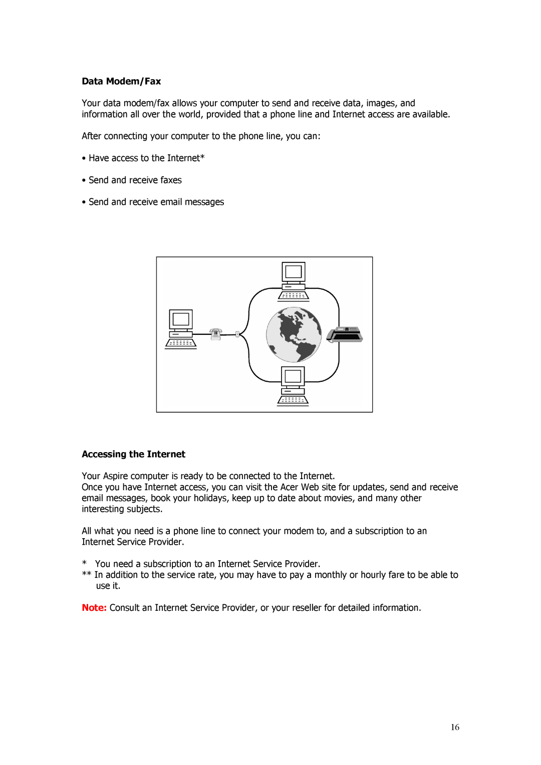 Acer Aspire manual Data Modem/Fax, Accessing the Internet 