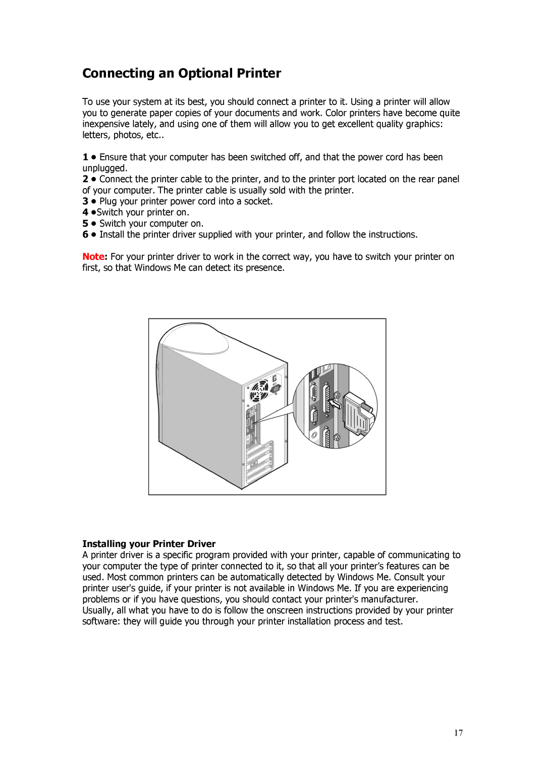 Acer Aspire manual Connecting an Optional Printer, Installing your Printer Driver 