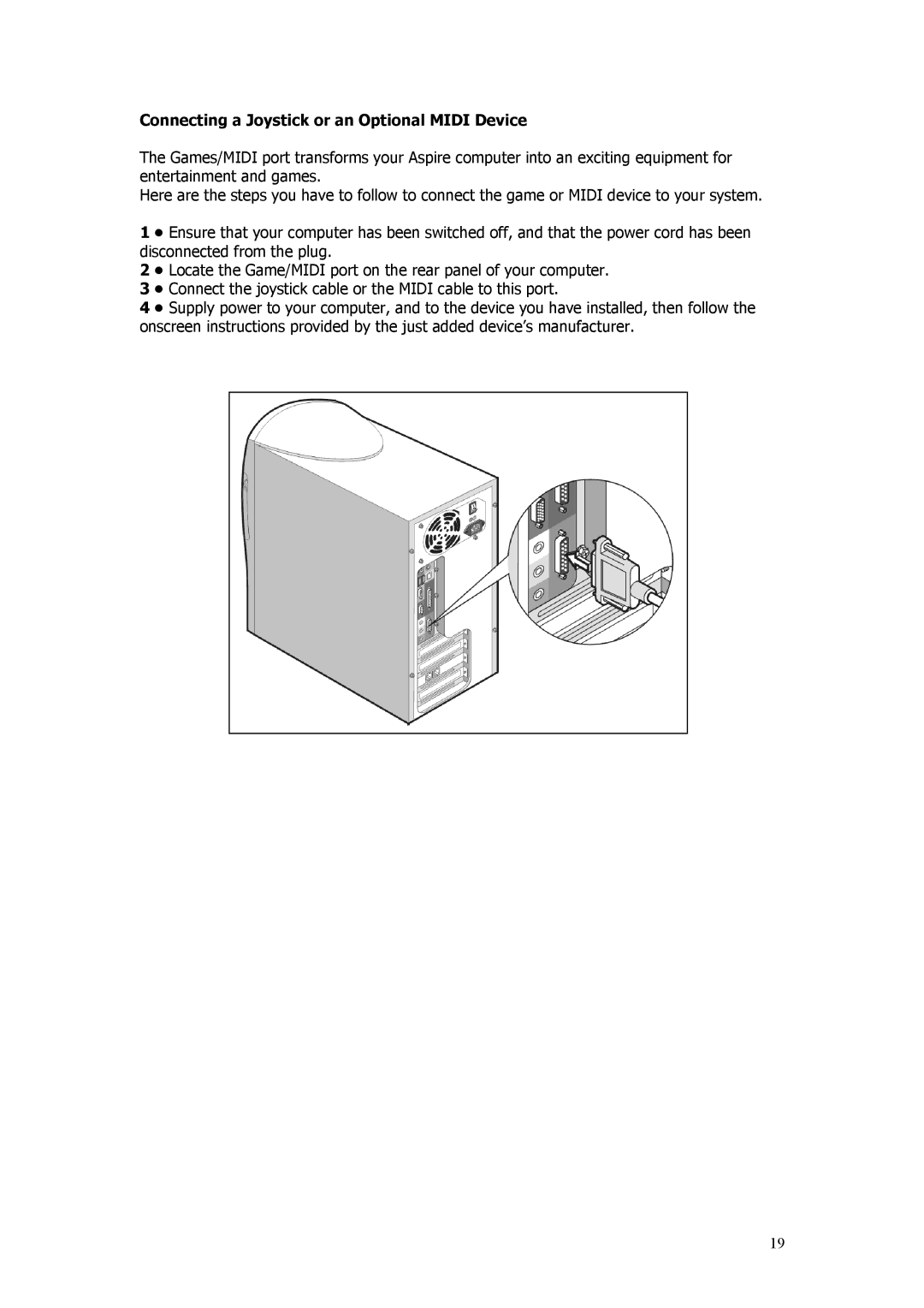 Acer Aspire manual Connecting a Joystick or an Optional Midi Device 