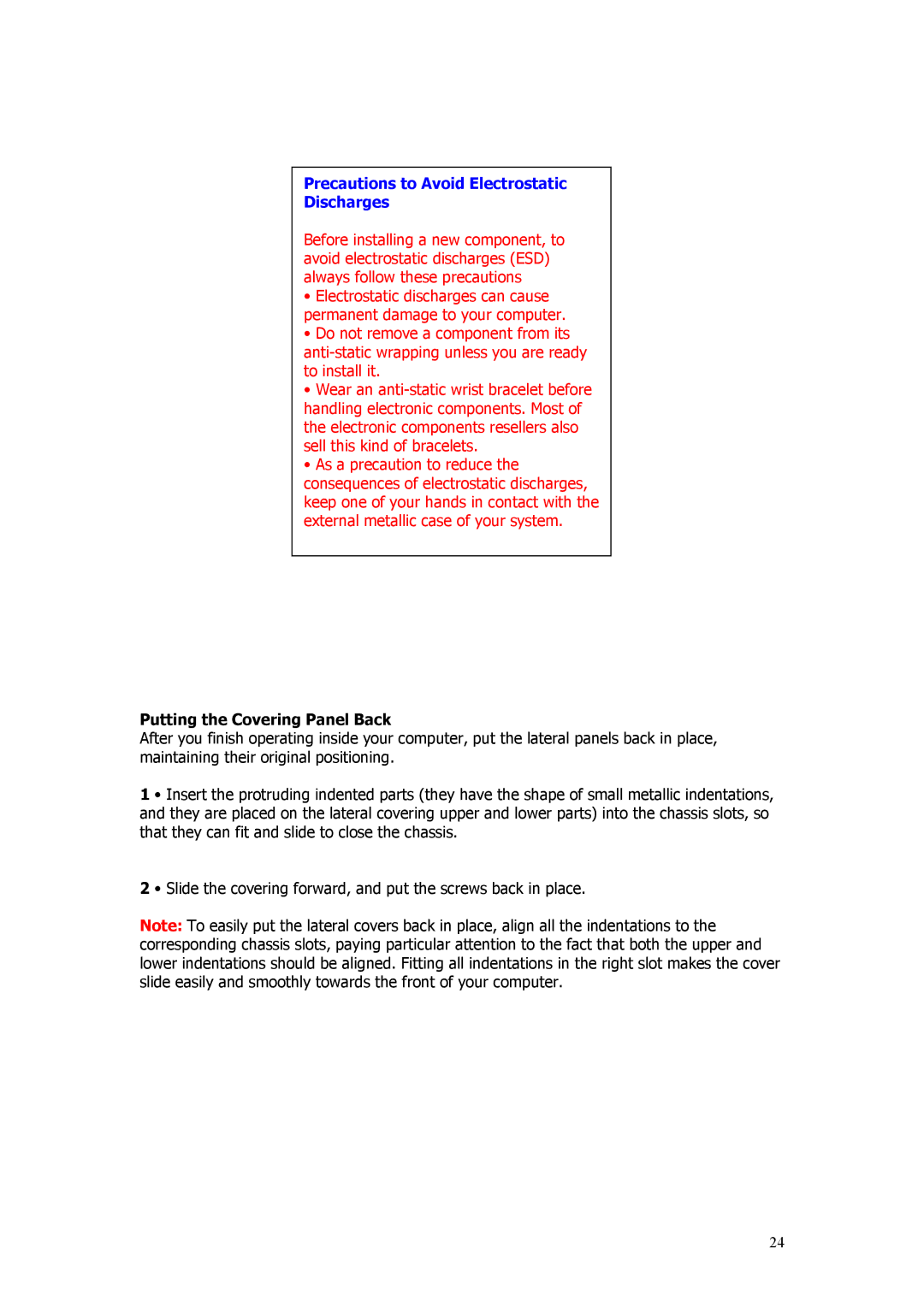 Acer Aspire manual Precautions to Avoid Electrostatic Discharges, Putting the Covering Panel Back 