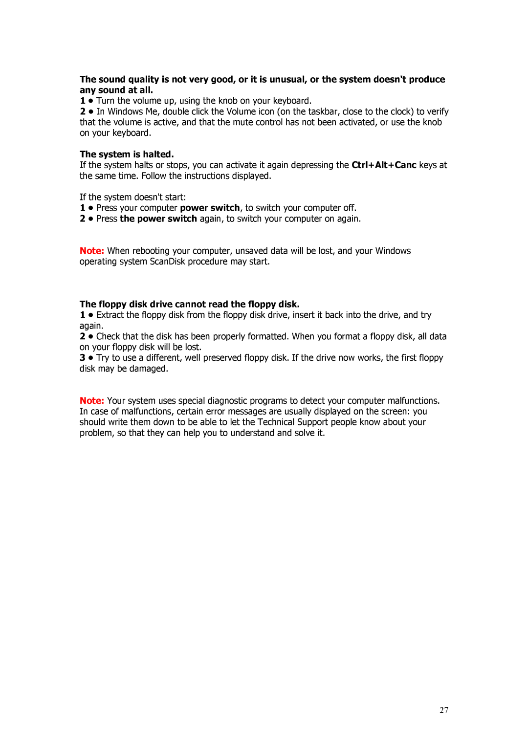 Acer Aspire manual System is halted, Floppy disk drive cannot read the floppy disk 