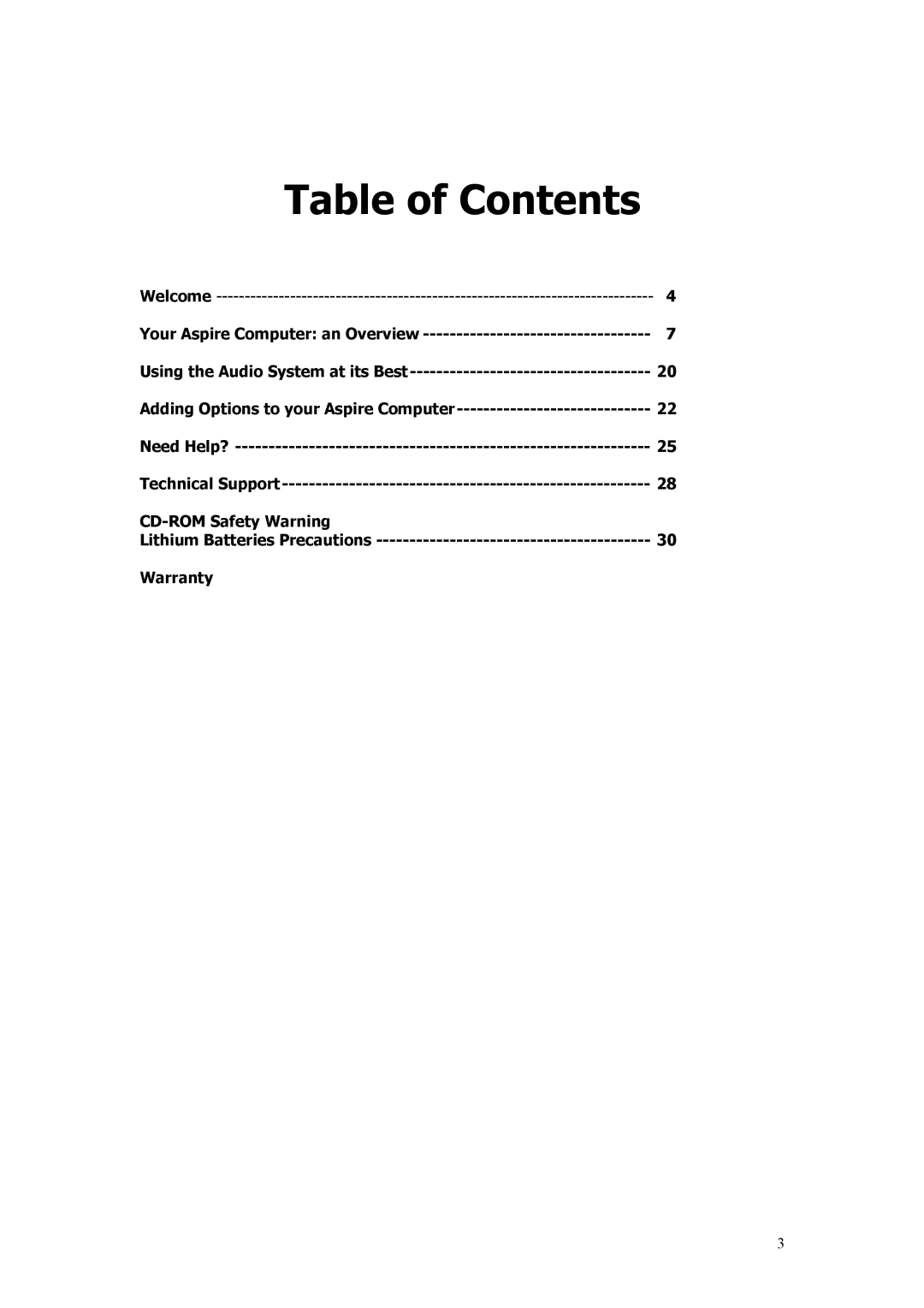 Acer Aspire manual Table of Contents 