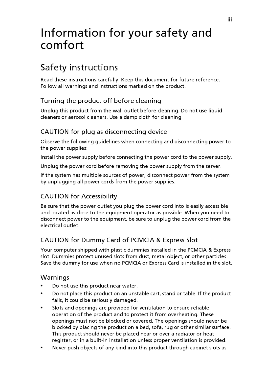 Acer 9300 manual Information for your safety and comfort, Safety instructions, Turning the product off before cleaning 