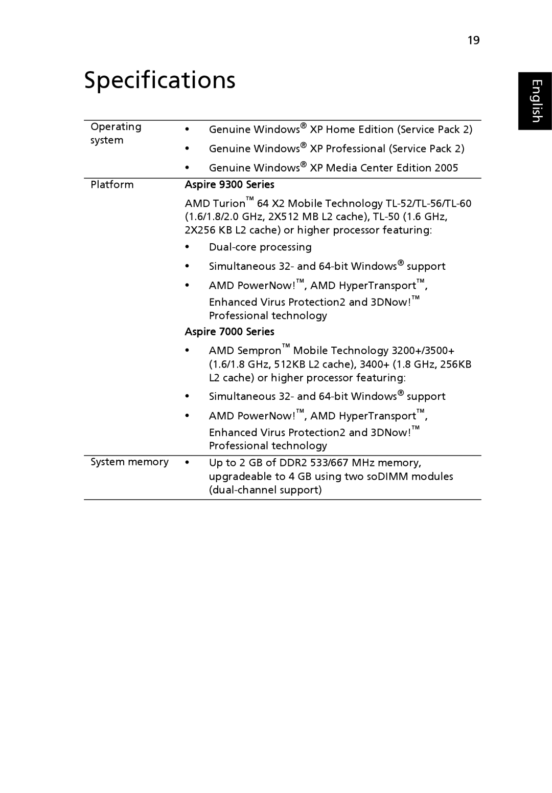 Acer Aspire7000 manual Specifications, Aspire 9300 Series, Aspire 7000 Series 