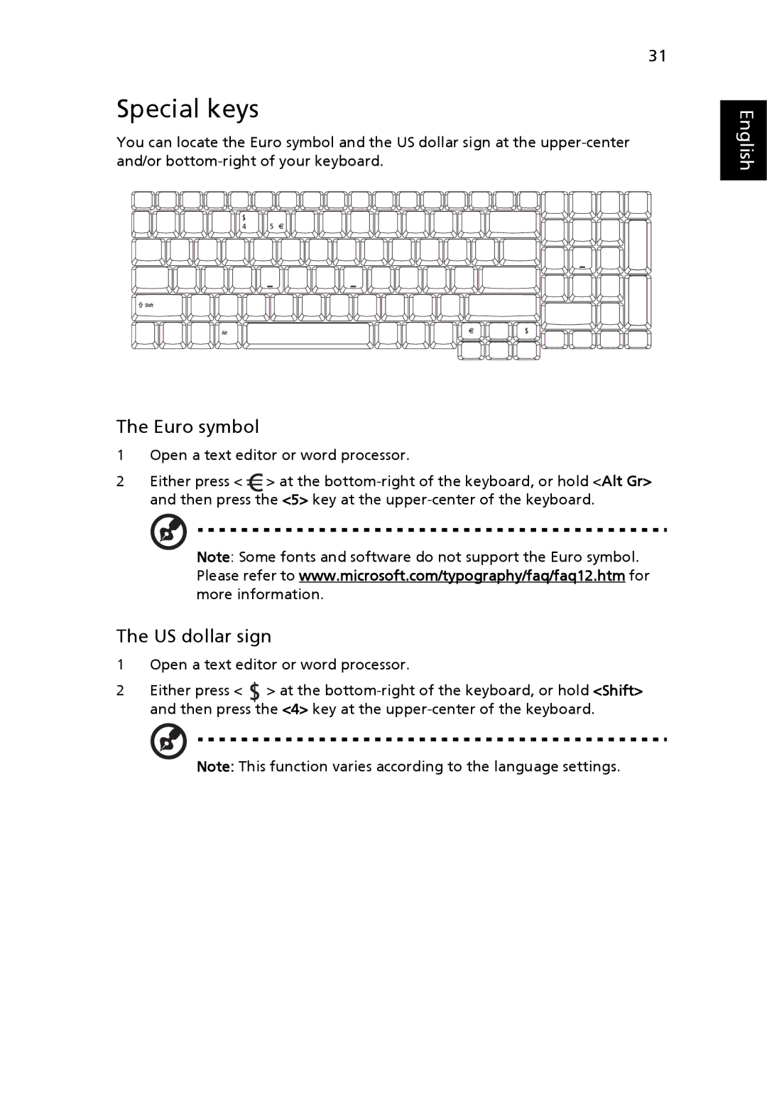 Acer 9300, Aspire7000 manual Special keys, Euro symbol, US dollar sign 