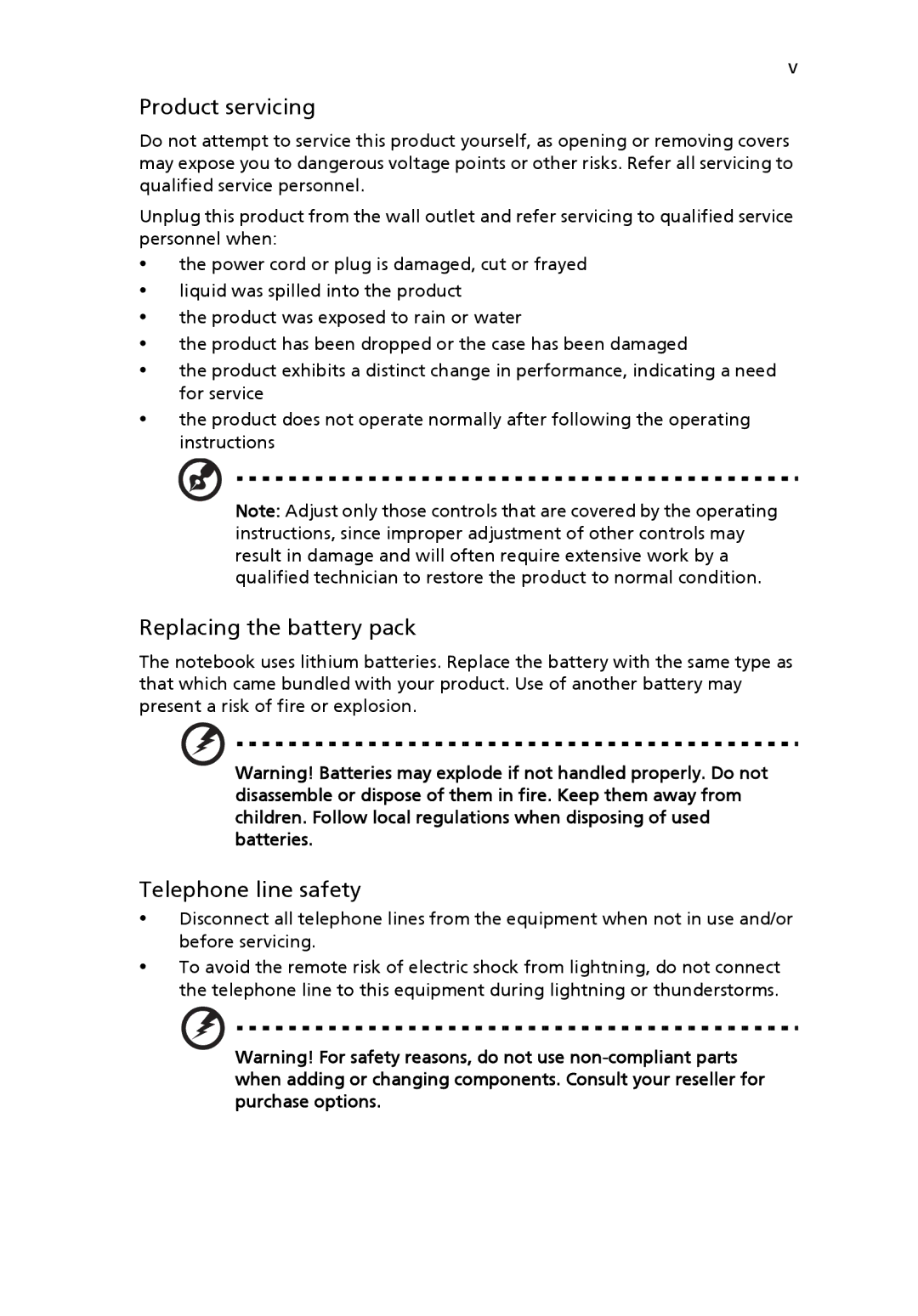 Acer 9300, Aspire7000 manual Product servicing, Replacing the battery pack Telephone line safety 