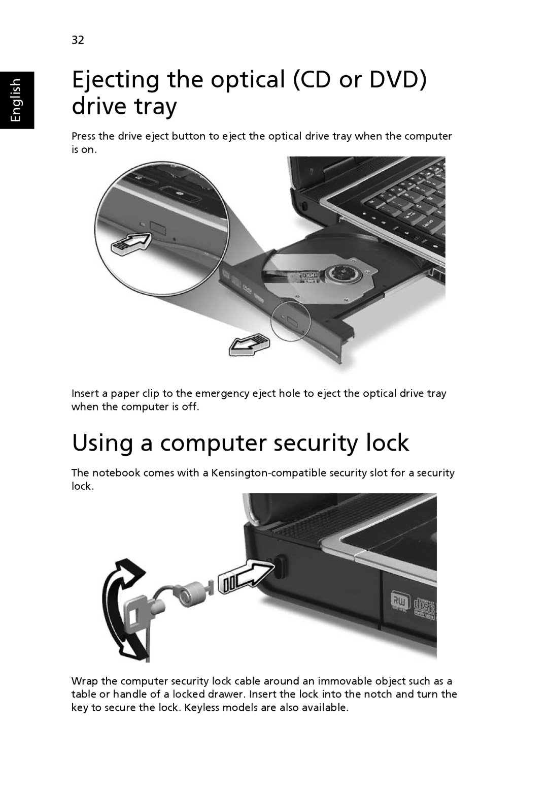 Acer Aspire7000, 9300 manual Ejecting the optical CD or DVD drive tray, Using a computer security lock 