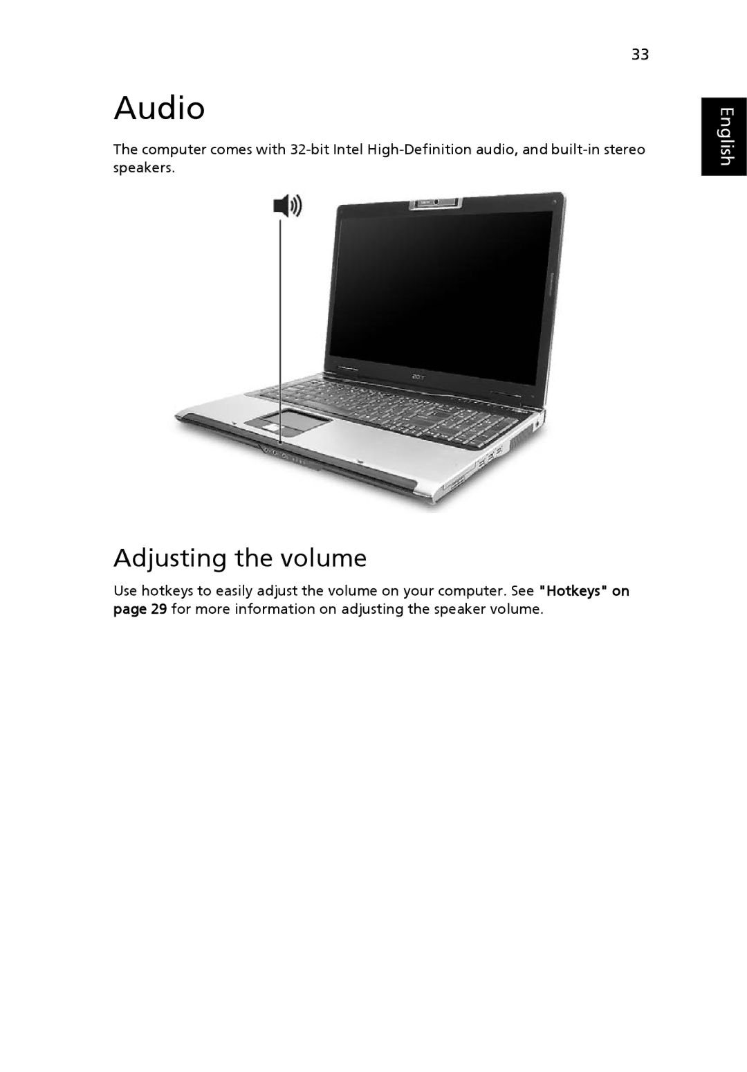 Acer 9300, Aspire7000 manual Audio, Adjusting the volume 