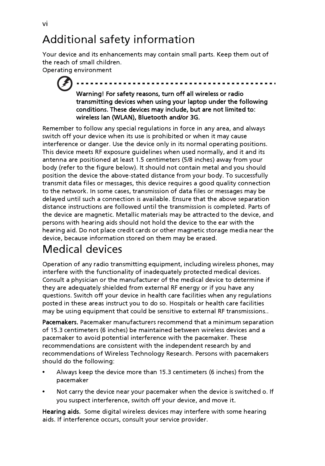 Acer Aspire7000, 9300 manual Additional safety information, Medical devices 