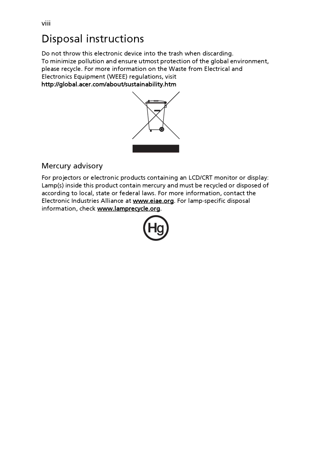 Acer Aspire7000, 9300 manual Disposal instructions, Mercury advisory 