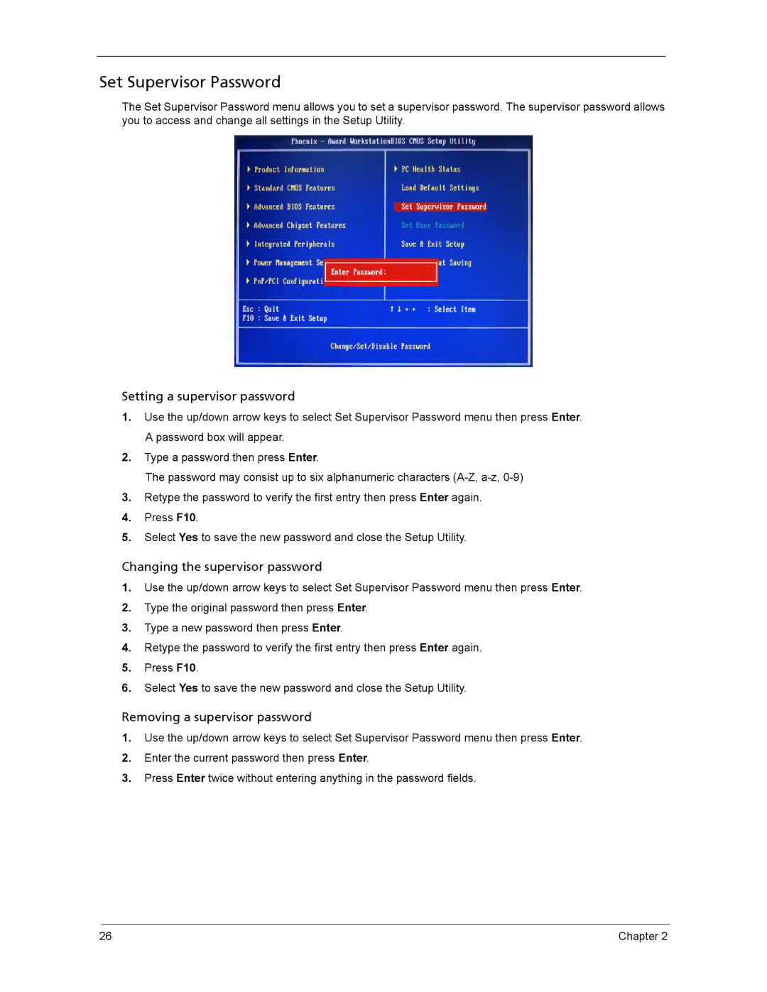 Acer ASX3200, ASX1200 manual Set Supervisor Password, Setting a supervisor password 