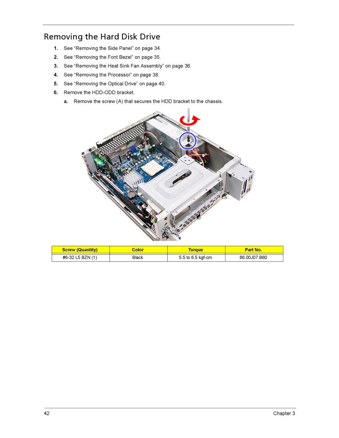 Acer ASX3200, ASX1200 manual Removing the Hard Disk Drive, Screw Quantity Color Torque 