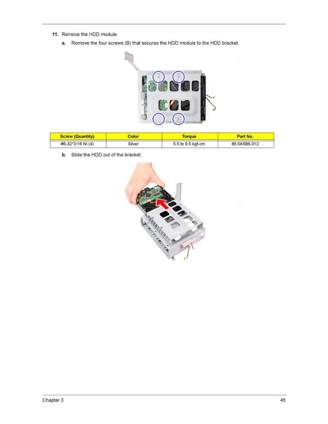 Acer ASX1200, ASX3200 manual Slide the HDD out of the bracket Chapter 